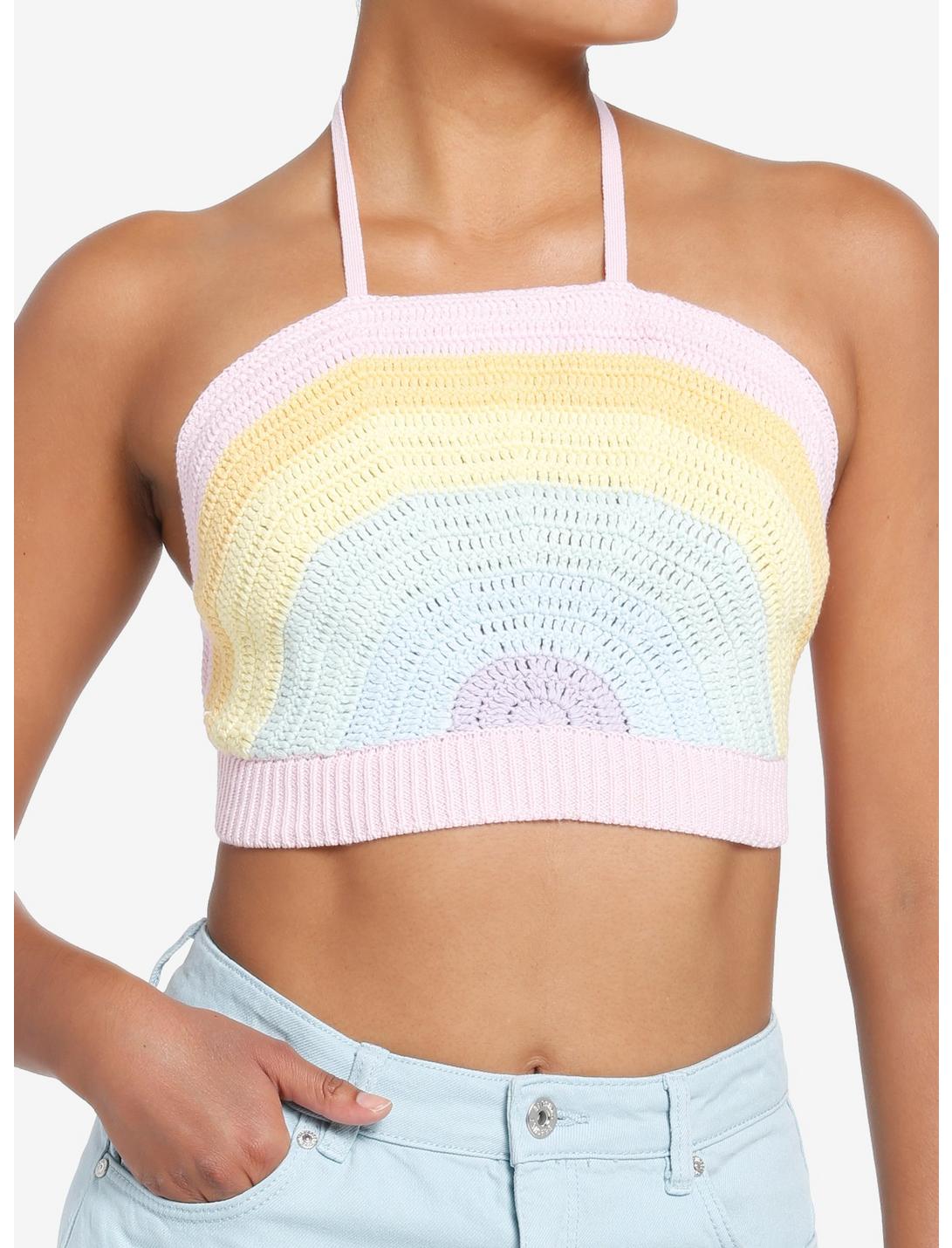 Sweet Society Pastel Rainbow Crop Girls Knit Halter, STRIPES-RAINBOW, hi-res
