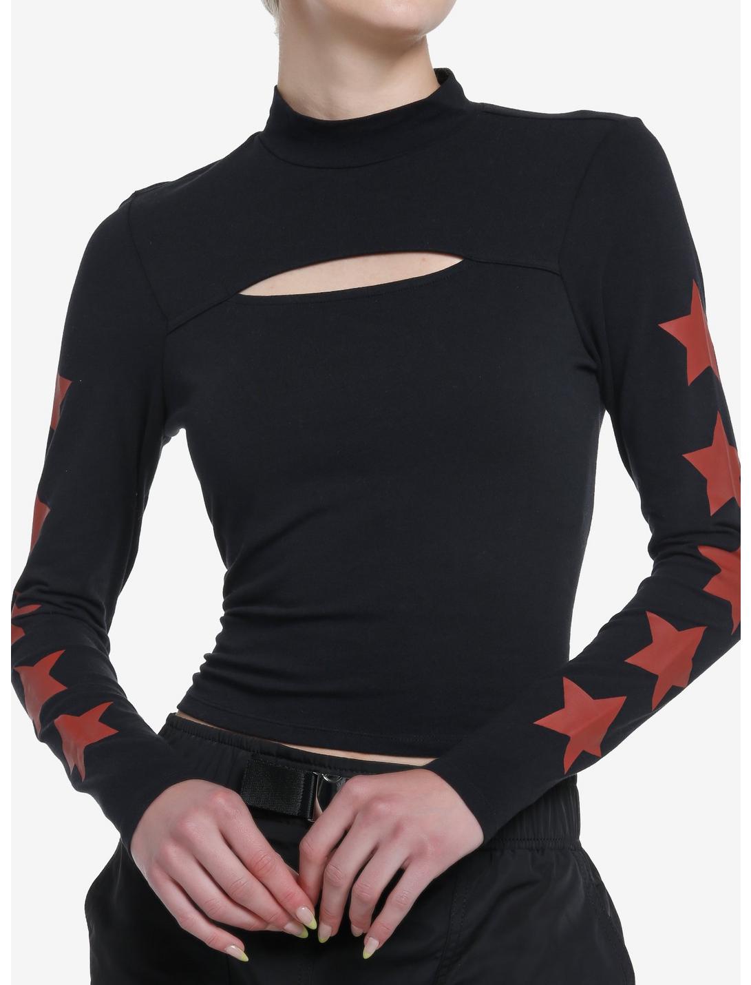 Social Collision Red Stars Cutout Girls Long-Sleeve T-Shirt, BLACK, hi-res