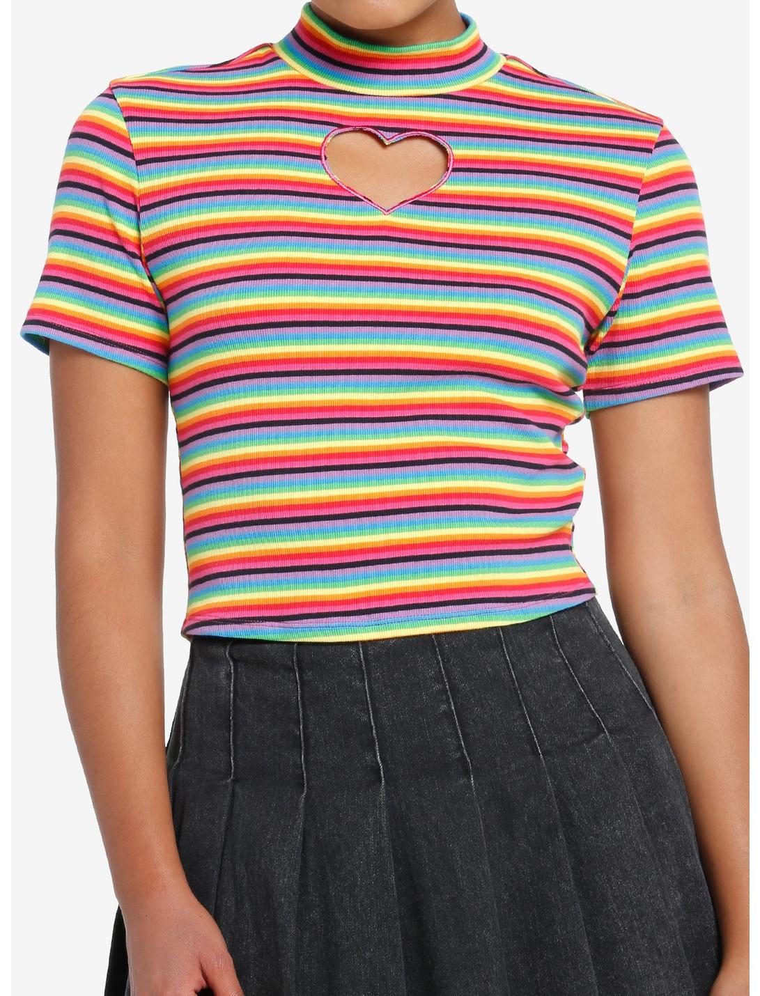 Social Collision Rainbow Stripe Heart Cutout Girls Mock Neck Top, STRIPES-RAINBOW, hi-res