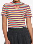 Social Collision Rainbow Stripe Heart Cutout Girls Mock Neck Top, STRIPES-RAINBOW, hi-res