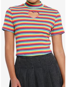 Social Collision Rainbow Stripe Heart Cutout Girls Mock Neck Top, , hi-res