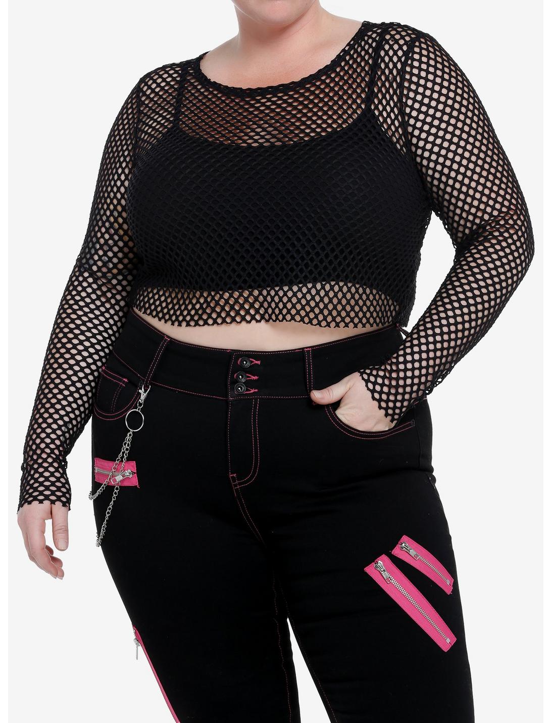 Social Collision Fishnet Girls Crop Long-Sleeve Top Plus Size, BLACK, hi-res