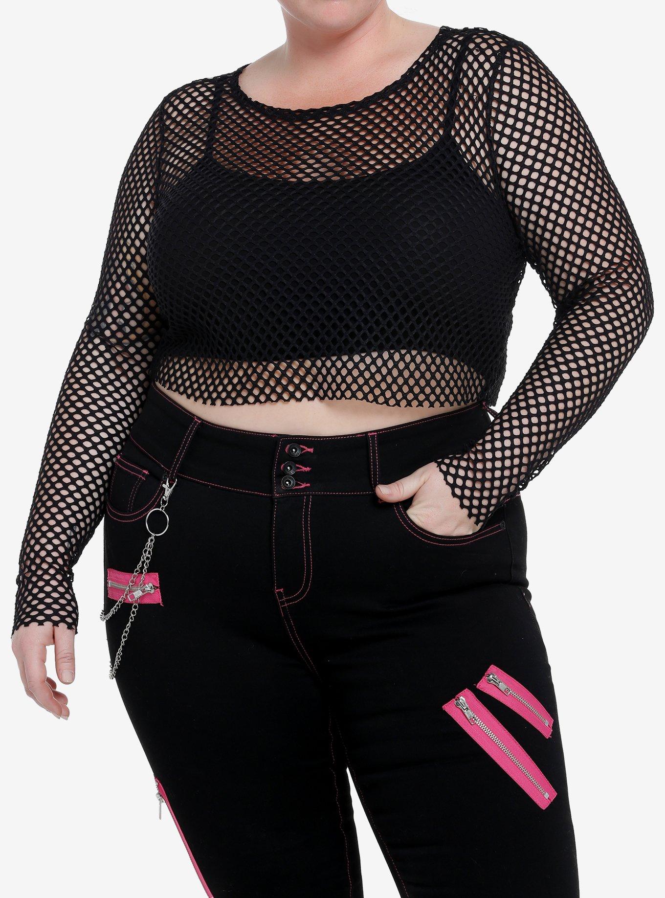 Social Collision Fishnet Girls Crop Long-Sleeve Top Plus Size, BLACK, hi-res