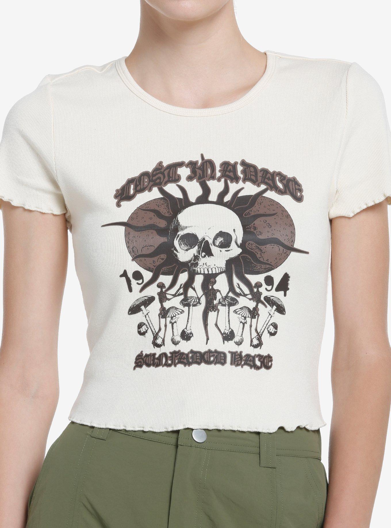 Social Collision Sun Skull Lettuce Hem Girls Crop Top, BEIGE, hi-res