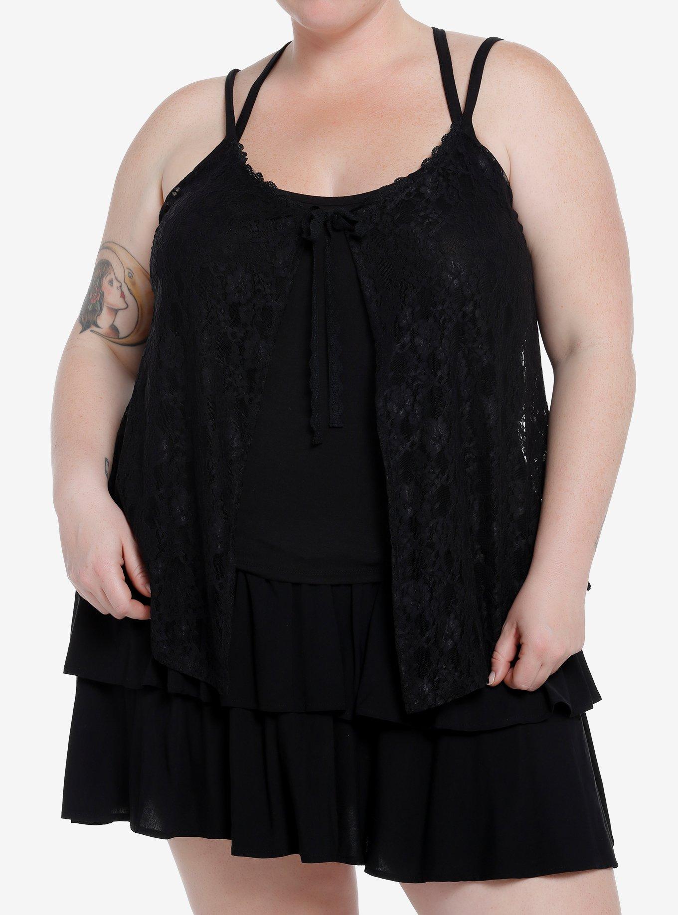 Cosmic Aura Strappy Tie-Front Lace Girls Cami Plus Size, BLACK, hi-res
