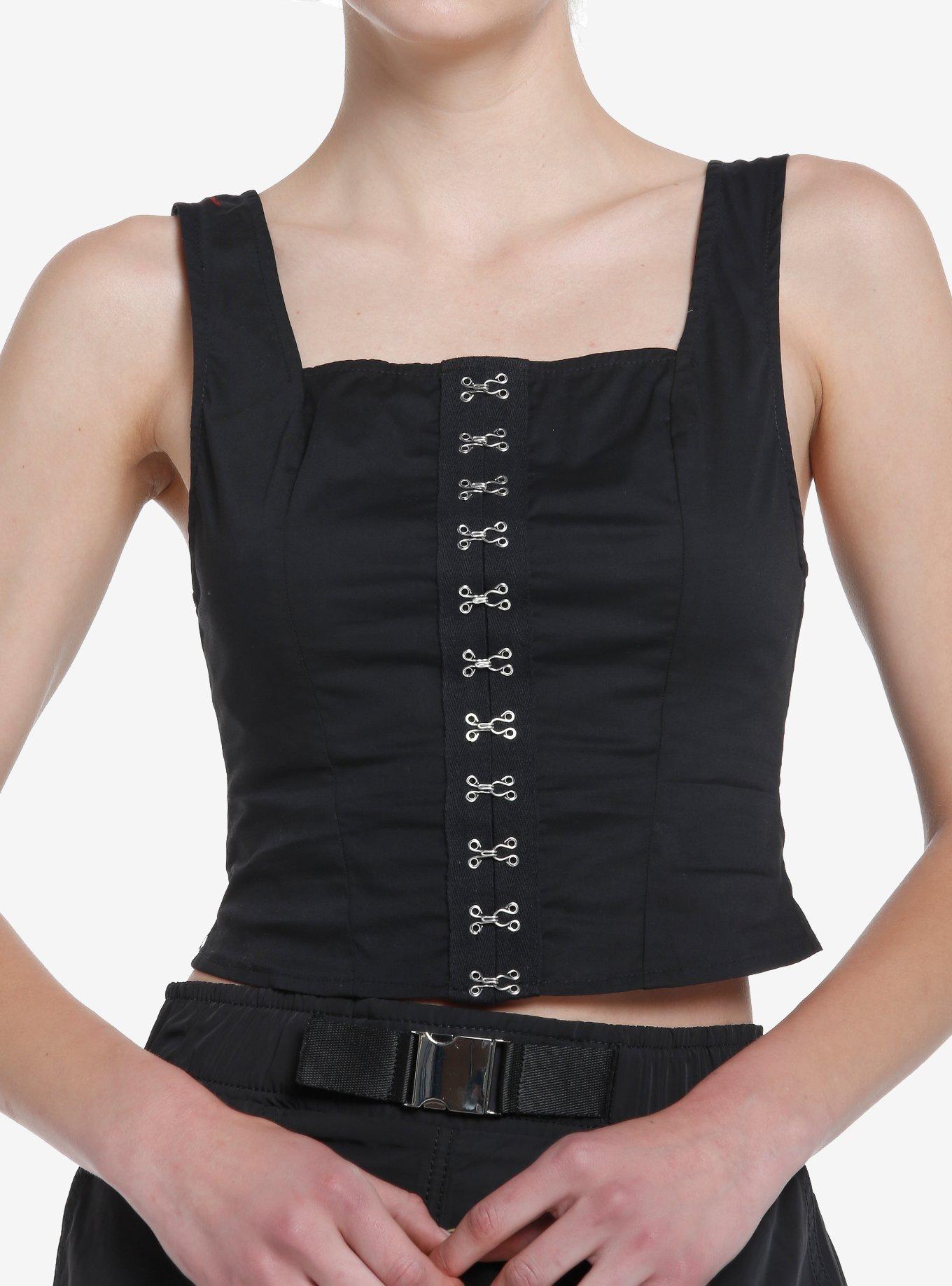 Social Collision Black Hook-And-Eye Corset Girls Tank Top, BLACK, hi-res