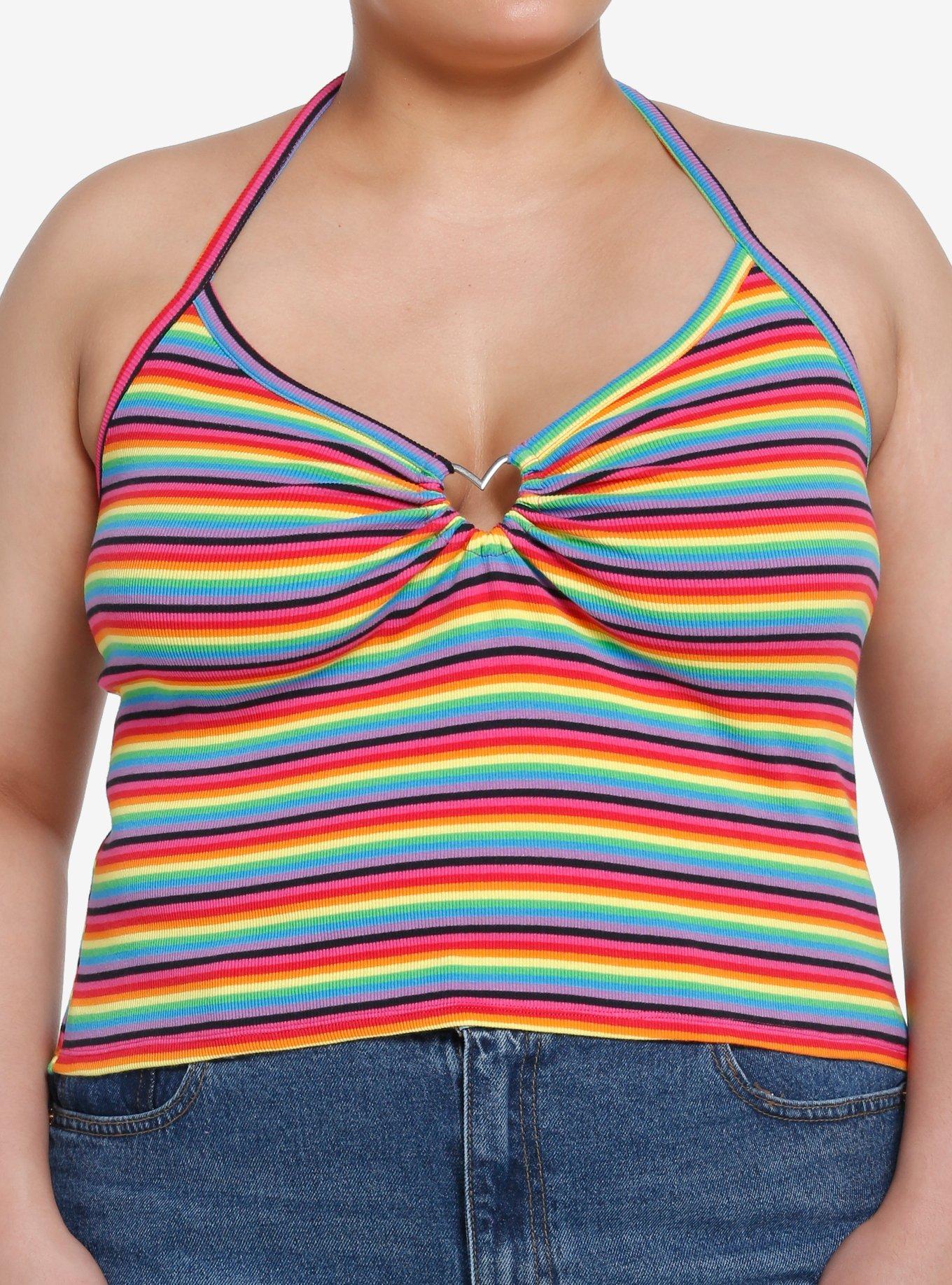 Social Collision Rainbow Heart Hardware Girls Halter Top Plus Size, STRIPES-RAINBOW, hi-res