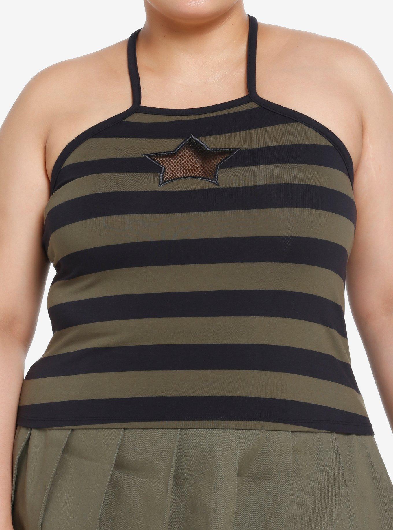 Social Collision Green & Black Stripe Star Girls Halter Tank Top Plus Size, STRIPES, hi-res