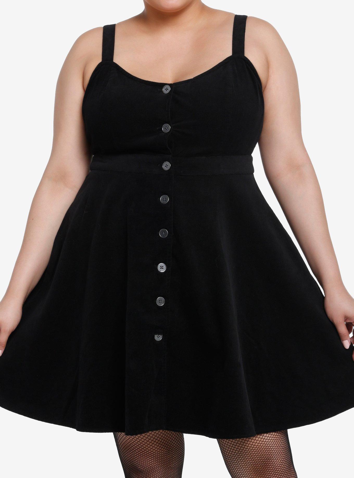 Social Collision Black Corduroy Button Front Sweetheart Dress Plus Size, BLACK, hi-res