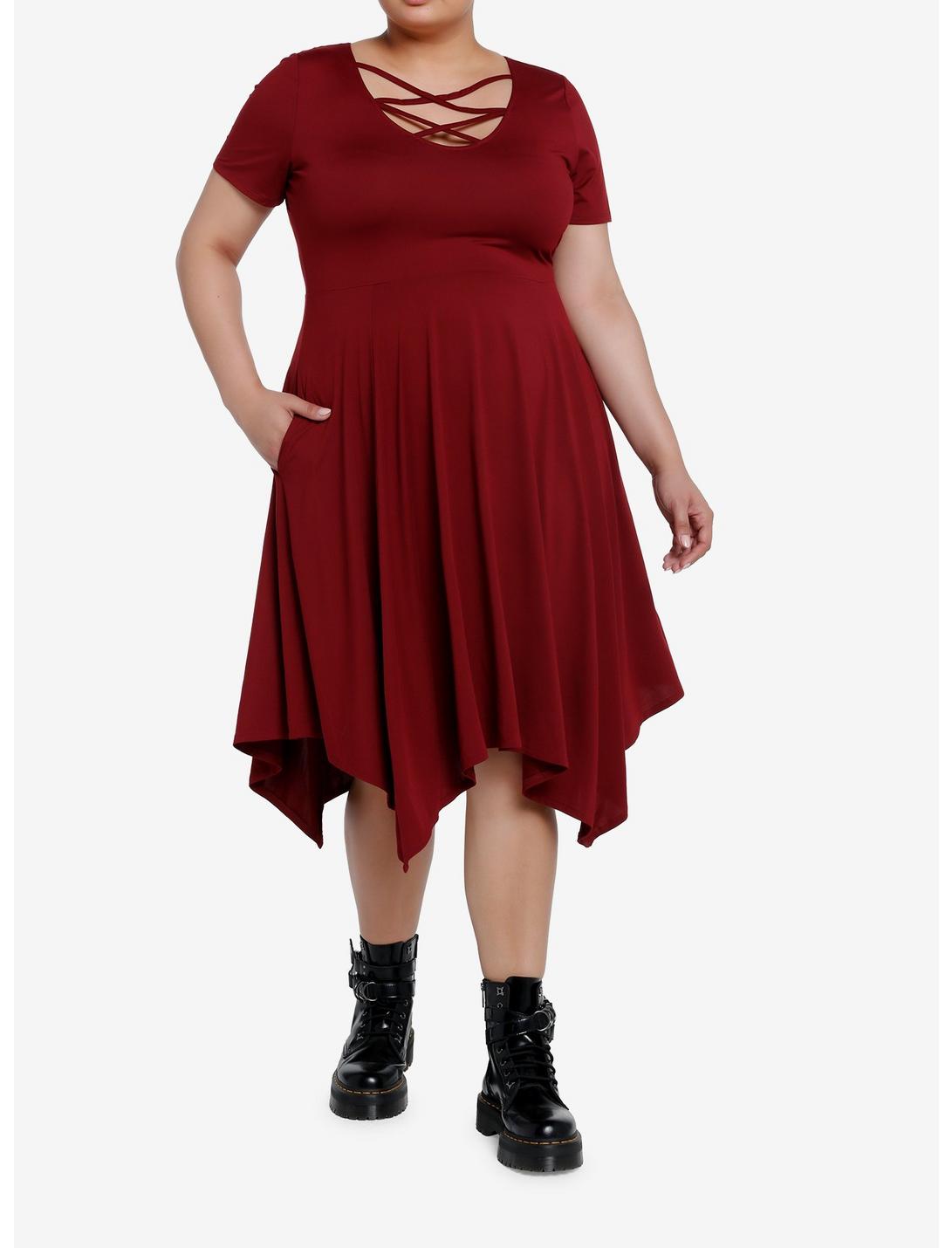 Cosmic Aura Burgundy Strappy Hanky Hem Dress Plus Size, BURGUNDY, hi-res