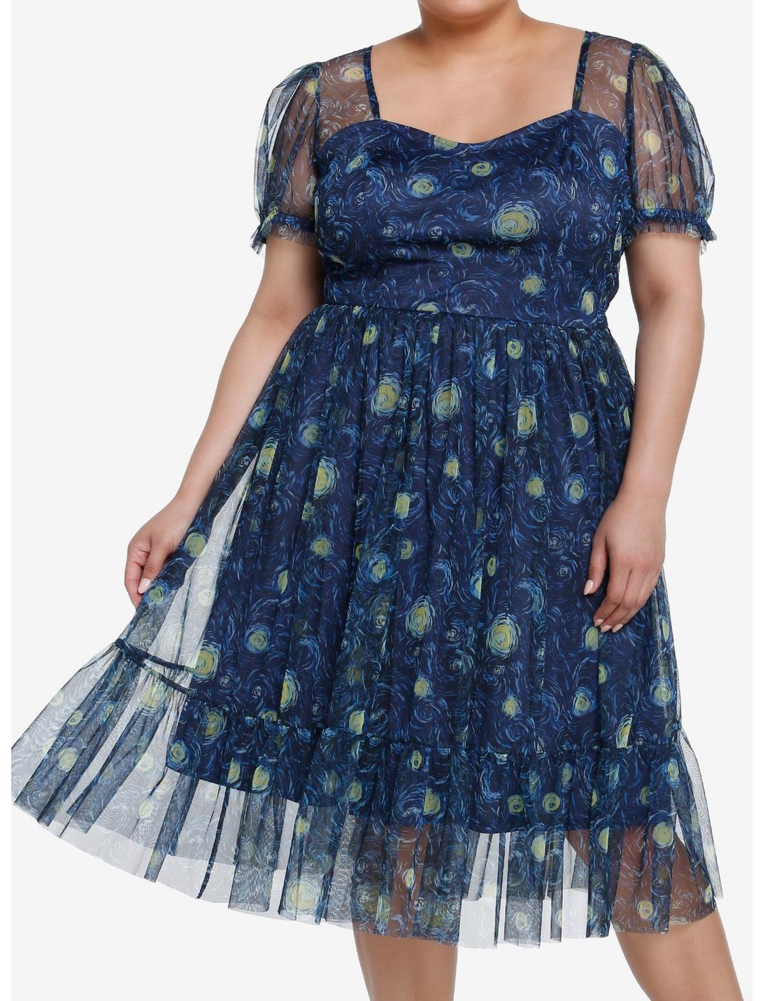 Thorn & Fable Starry Nights Mesh Puff Sleeve Dress Plus Size, STARRY NIGHT, hi-res