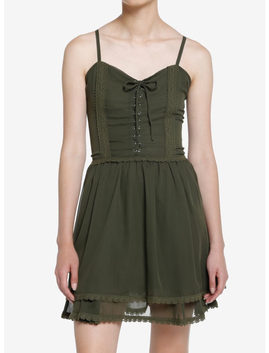 Thorn & Fable Olive Green Corset Lace-Up Sweetheart Cami Dress, OLIVE, hi-res