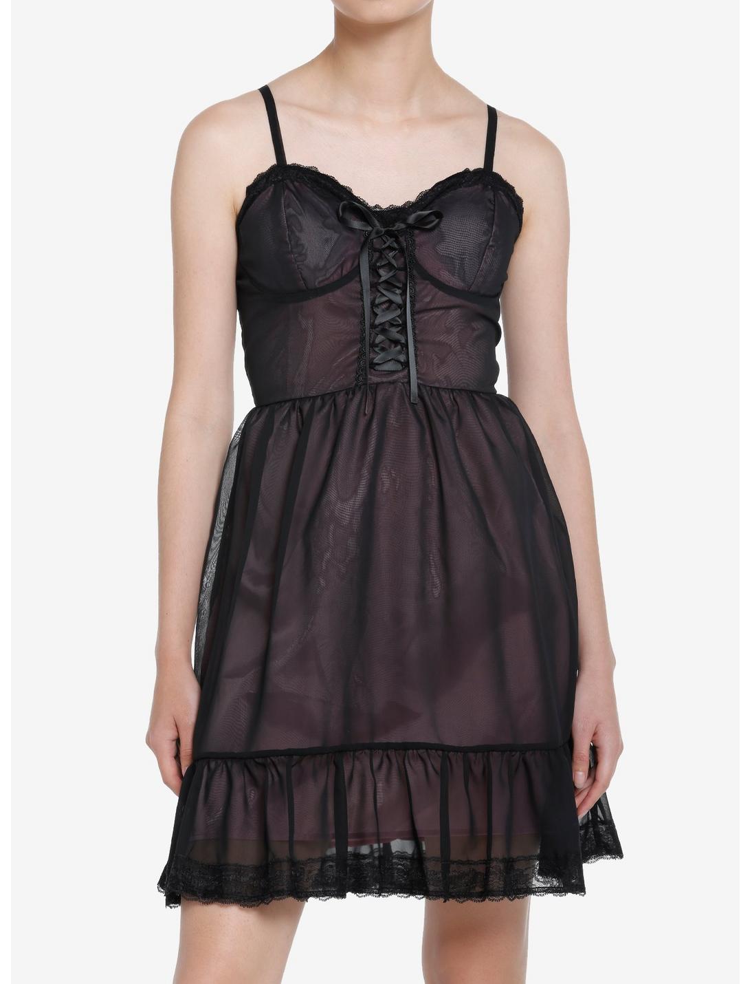 Sweet Society Mesh Overlay Lace-Up Dress, BLACK, hi-res