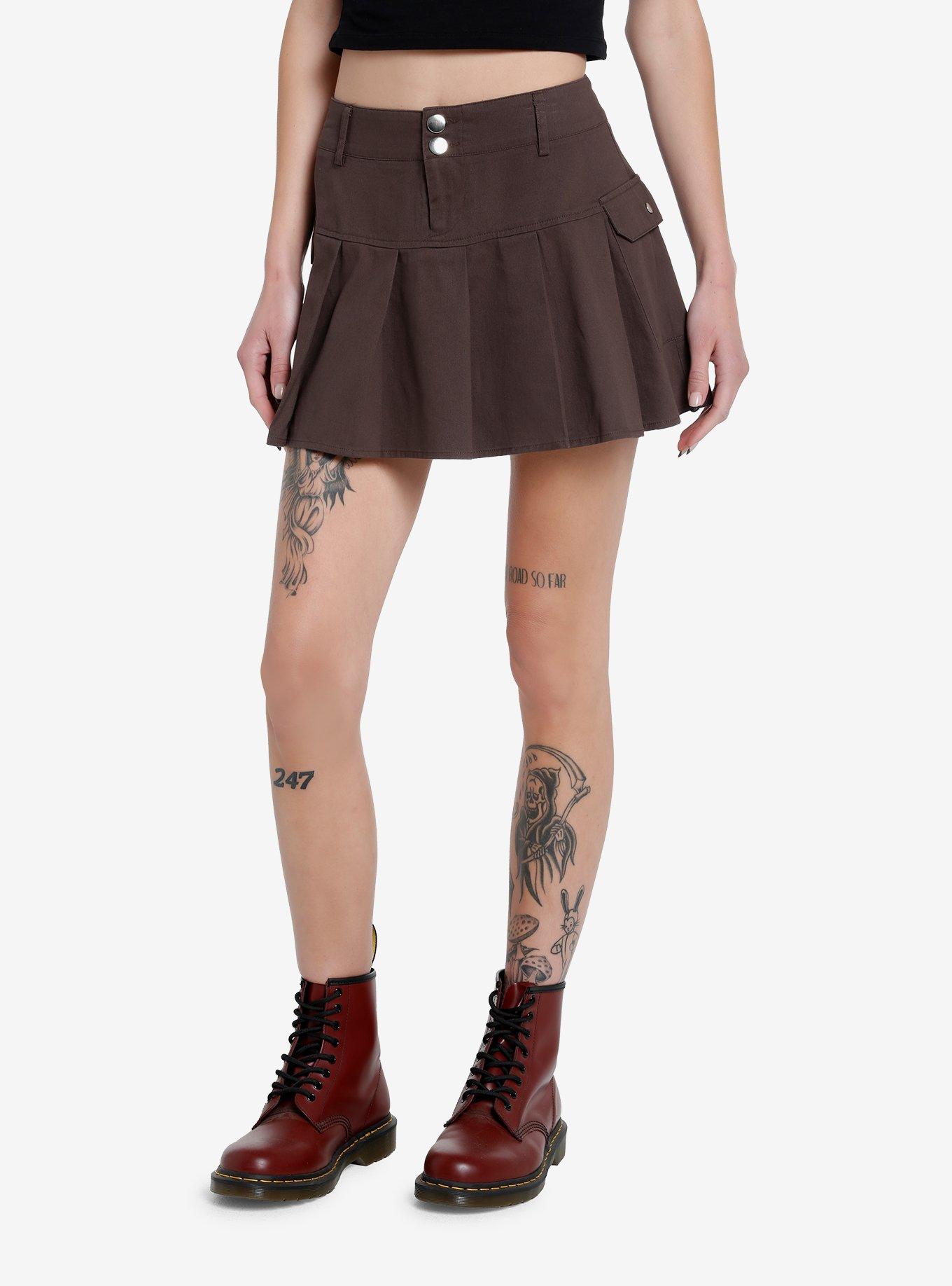 Social Collision Brown Low-Rise Pleated Mini Skirt, BROWN, hi-res