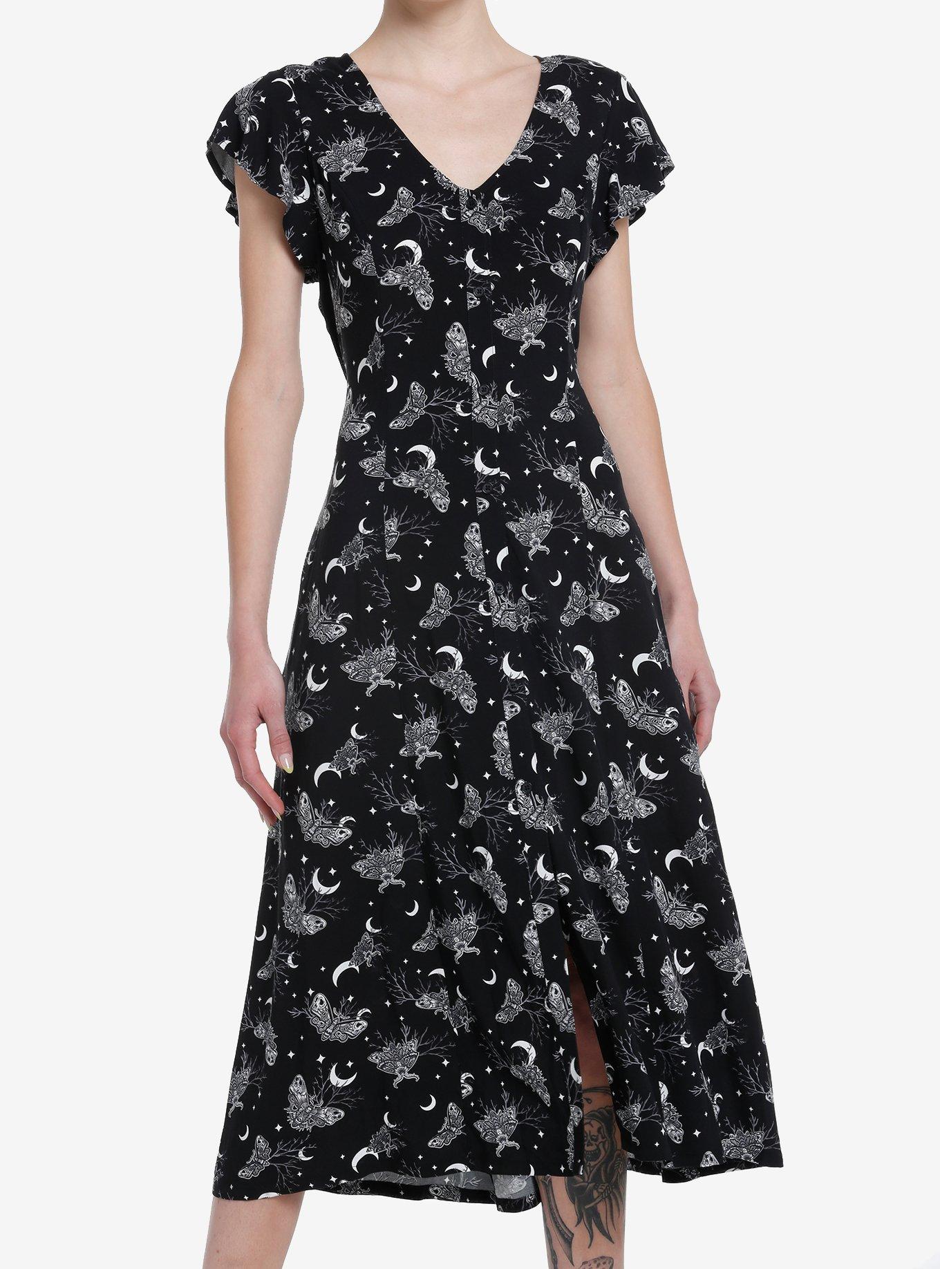 Cosmic Aura Witchy Moth Midi Dress, BLACK, hi-res