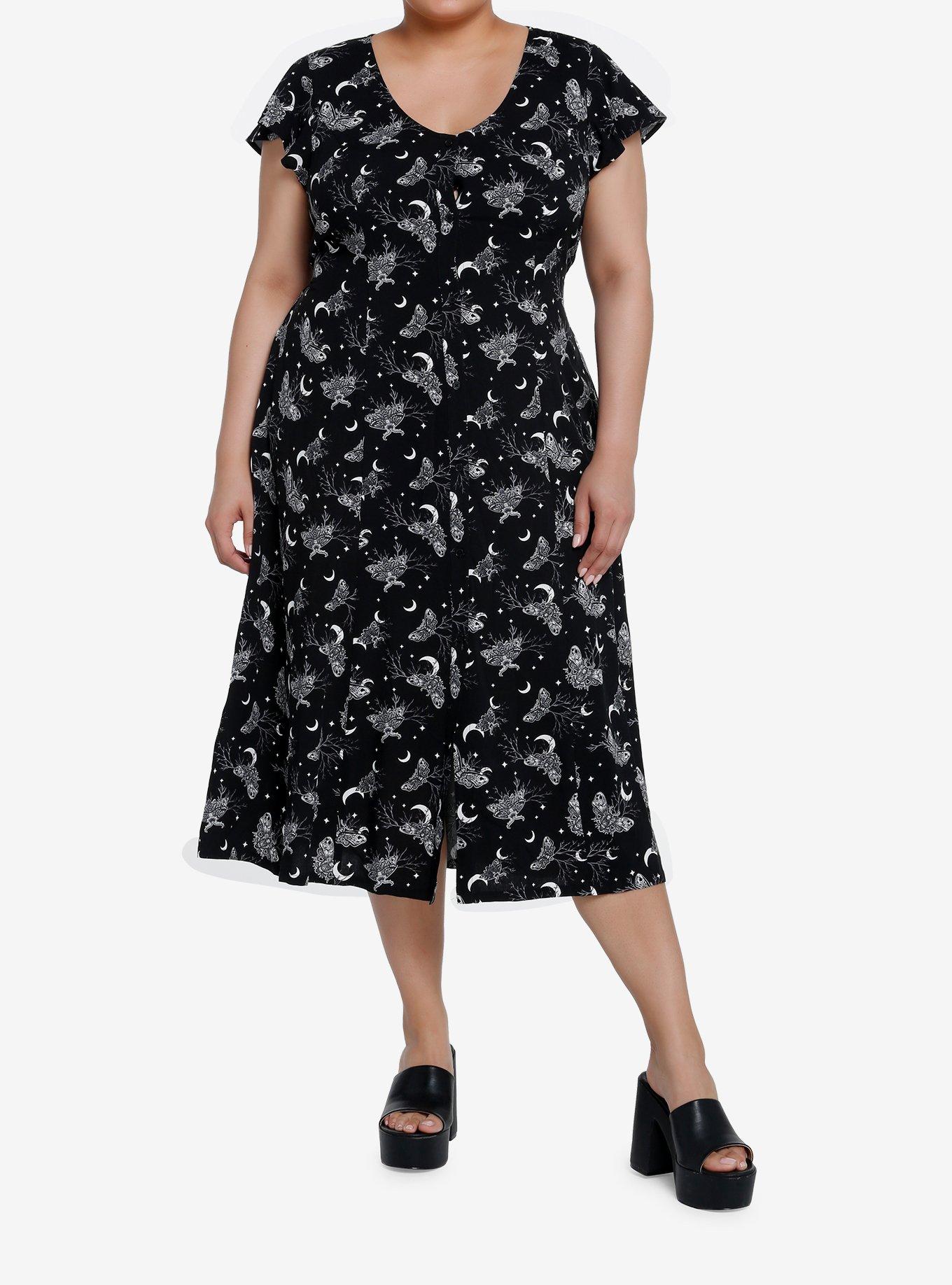 Cosmic Aura Witchy Moth Midi Dress Plus Size, BLACK, hi-res