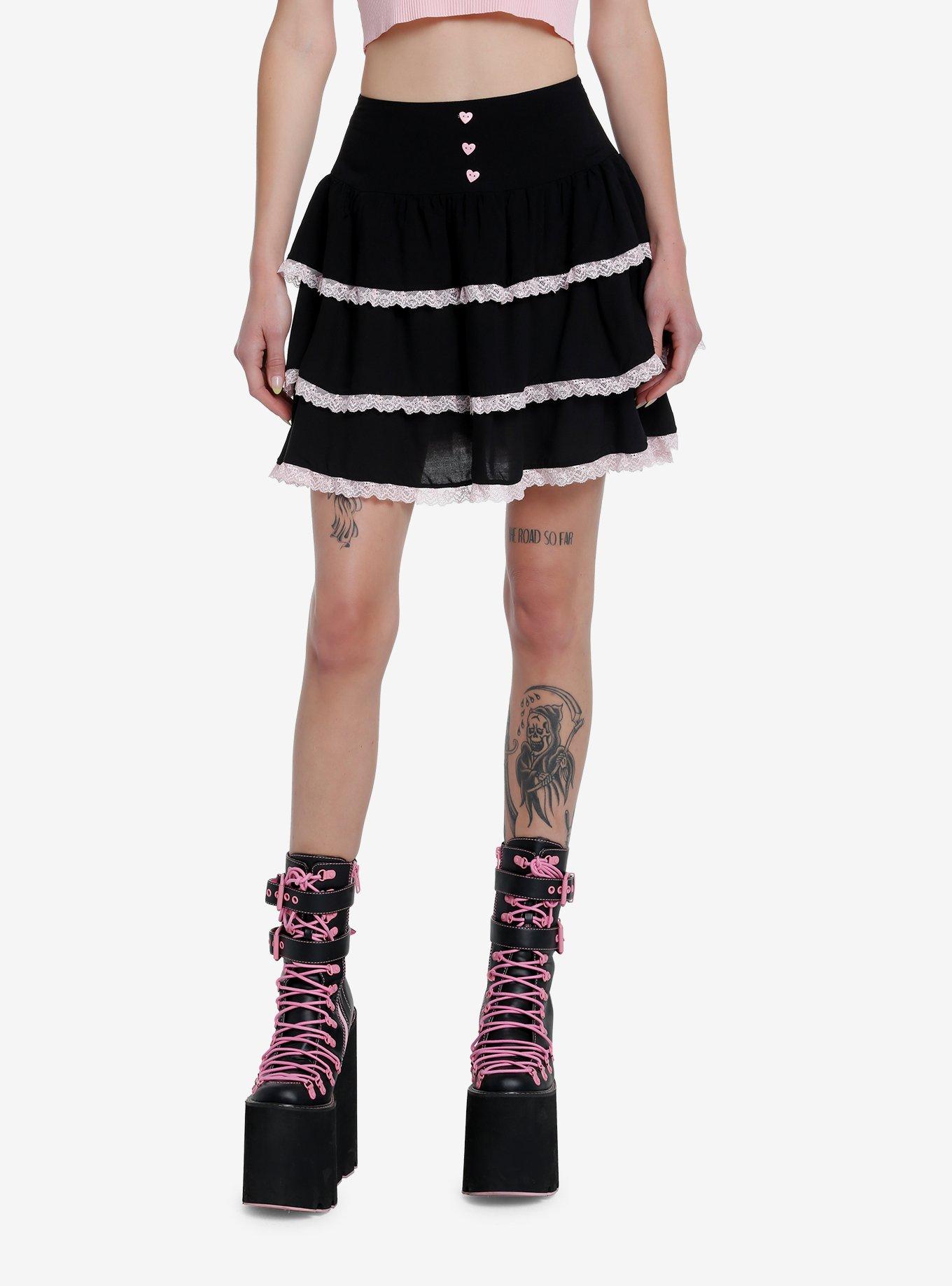 Cosmic Aura Black & Pink Lace Tiered Skirt, BLACK, hi-res