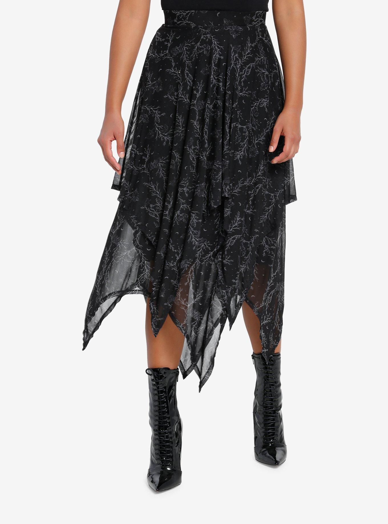 Cosmic Aura Moths & Branches Tiered Mesh Skirt, BLACK, hi-res