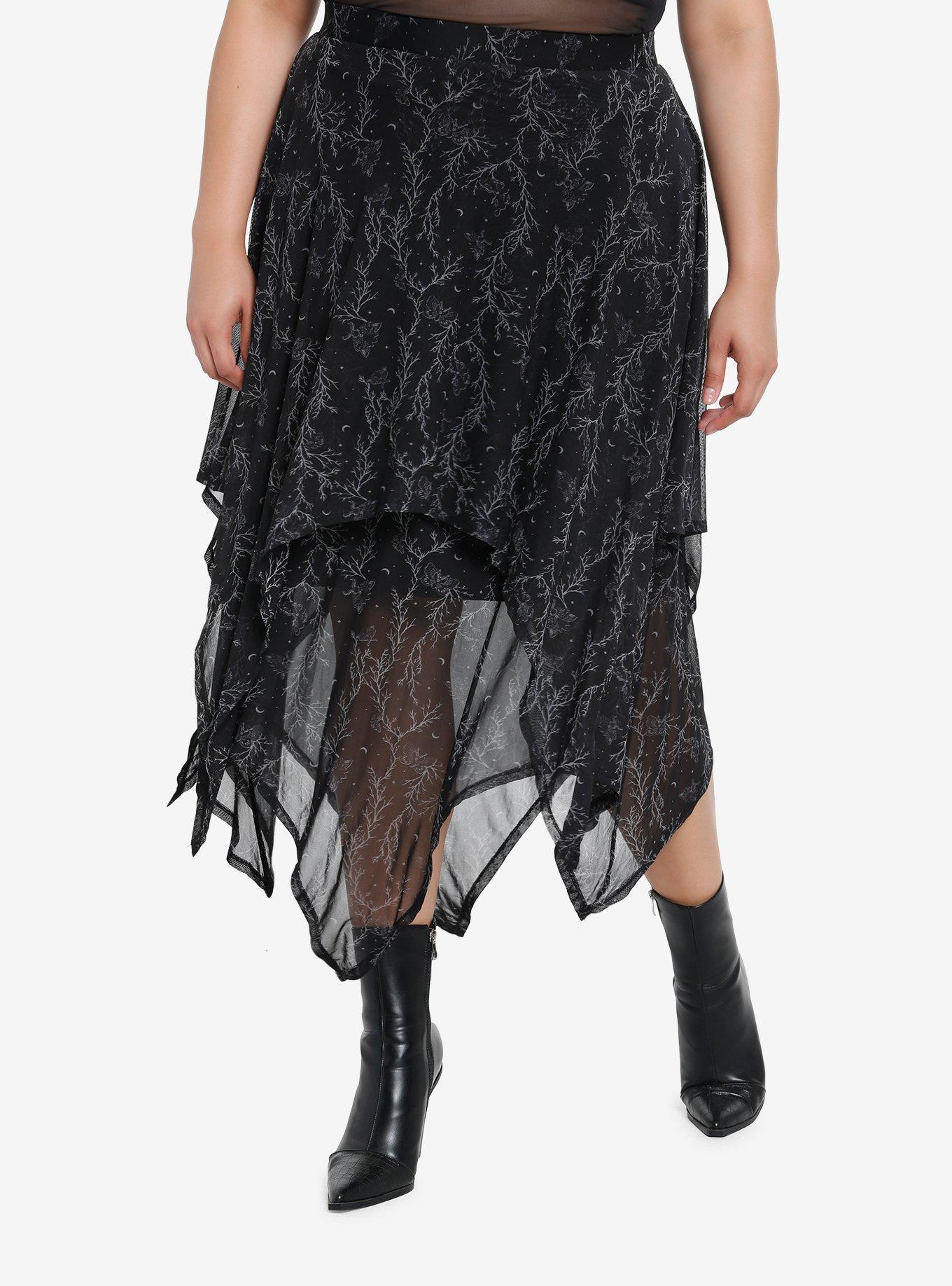Cosmic Aura Moths & Branches Tiered Mesh Skirt Plus Size, BLACK, hi-res