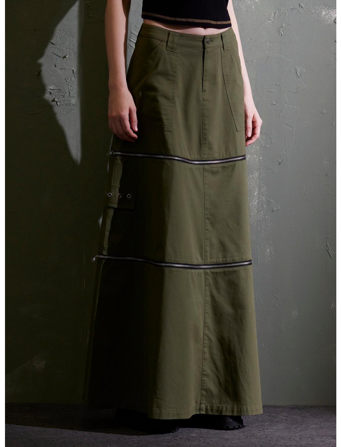 Social Collision Green Zip-Off Maxi Skirt, OLIVE, hi-res