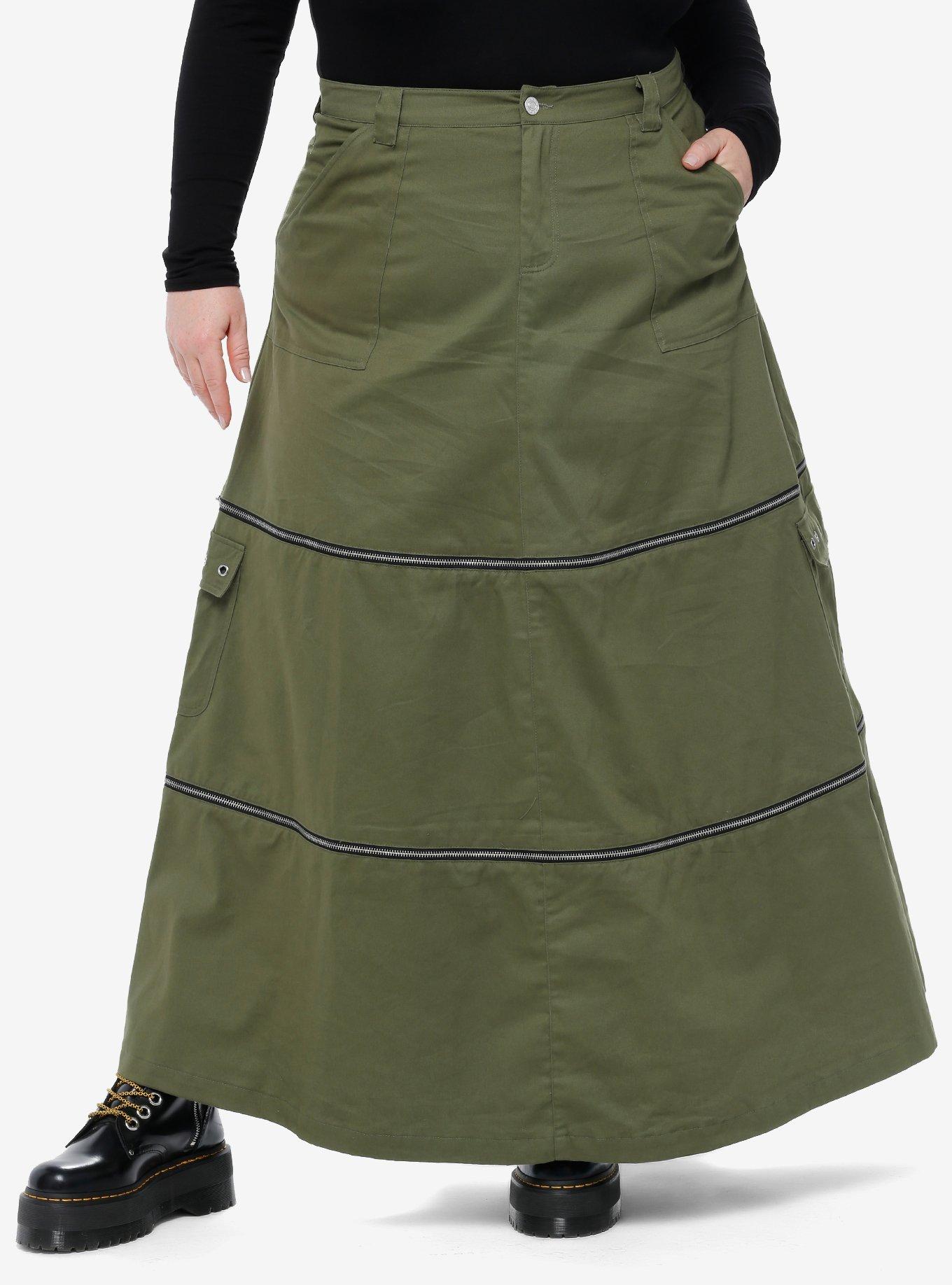 Social Collision Green Zip-Off Maxi Skirt Plus Size, OLIVE, hi-res