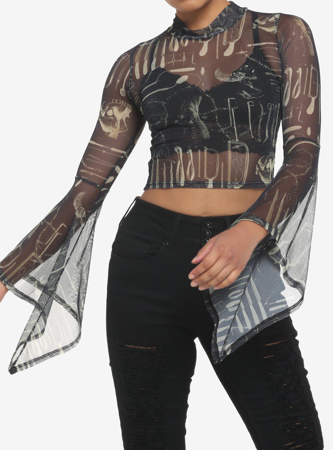 Surgery Tools Black Mesh Mock Neck Girls Top, BLACK, hi-res