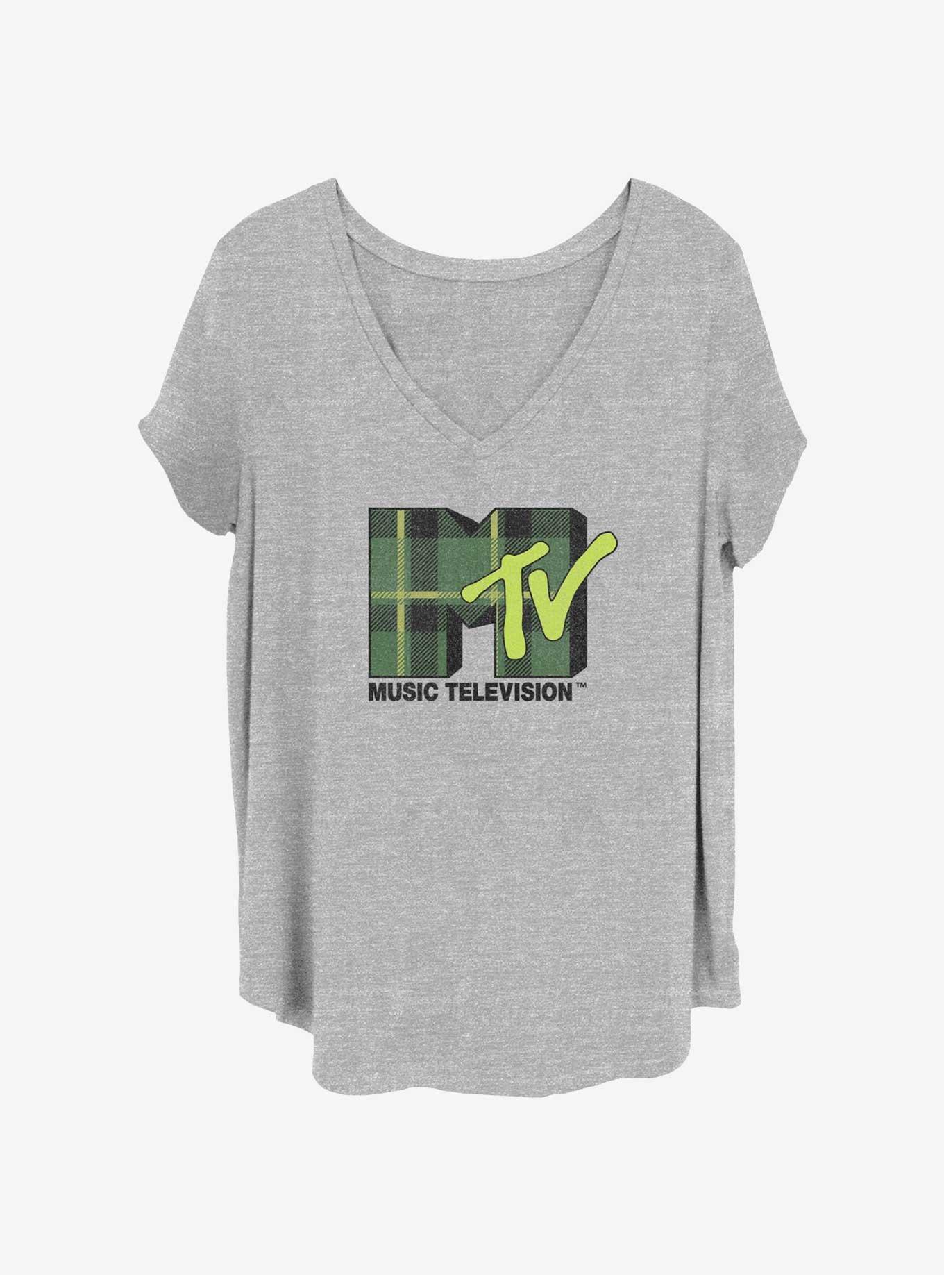 MTV Plaid Green Logo Girls T-Shirt Plus Size, HEATHER GR, hi-res