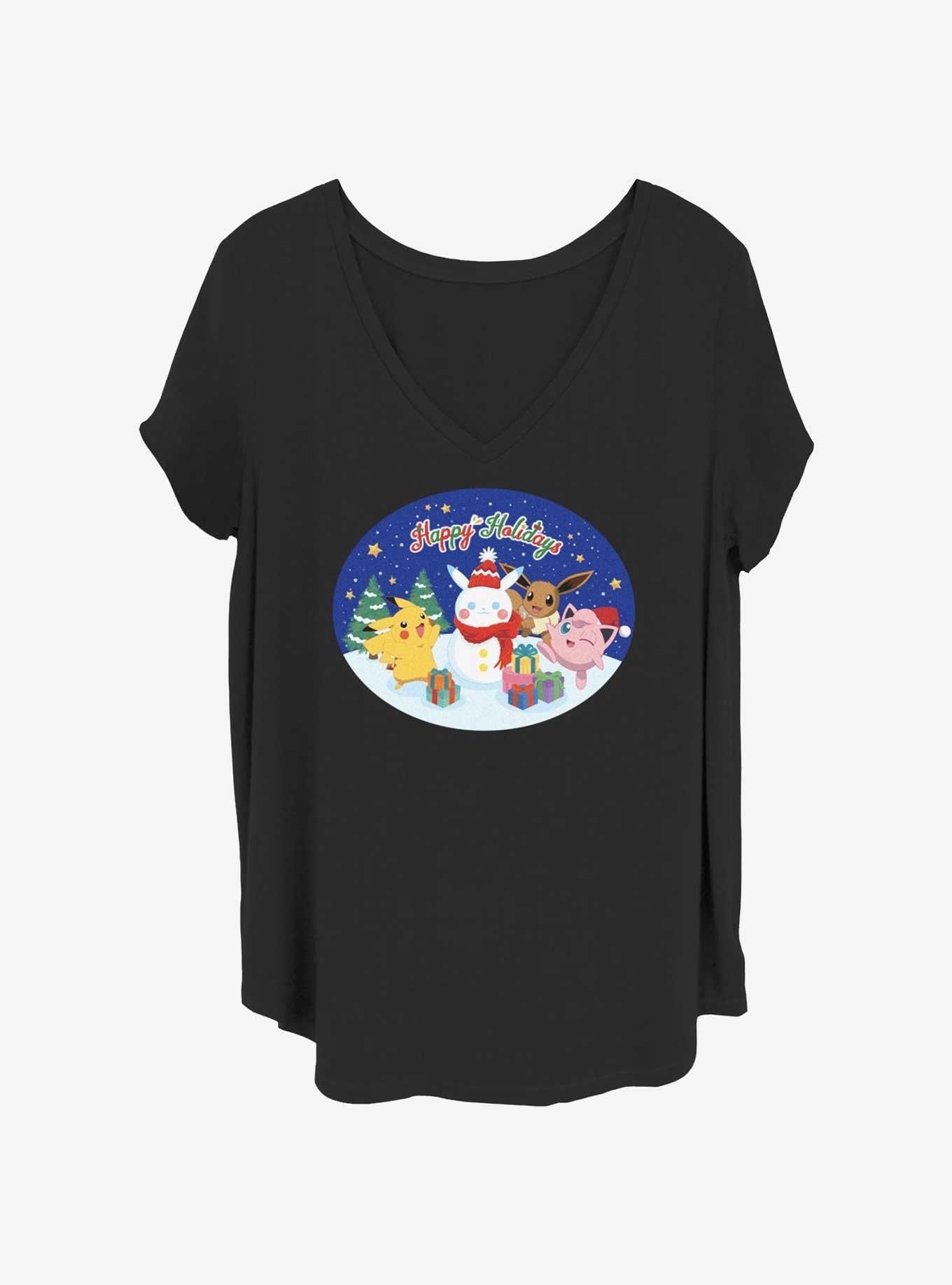 Pokemon Happy Holidays Pikachu, Eevee, & Jigglypuff Girls T-Shirt Plus Size, BLACK, hi-res