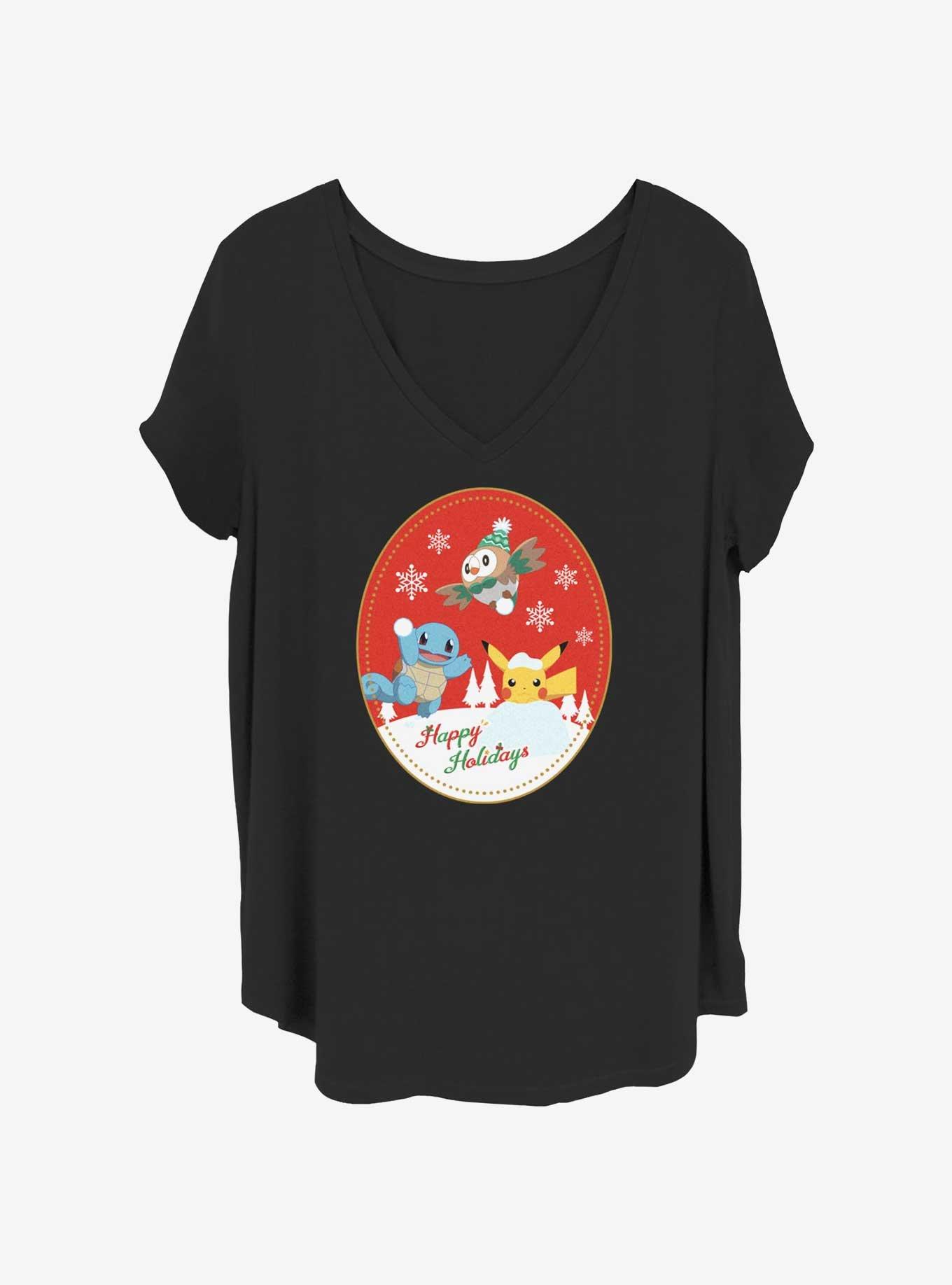 Pokemon Holiday Badge Squirtle, Rowlet, & Pikachu Girls T-Shirt Plus Size