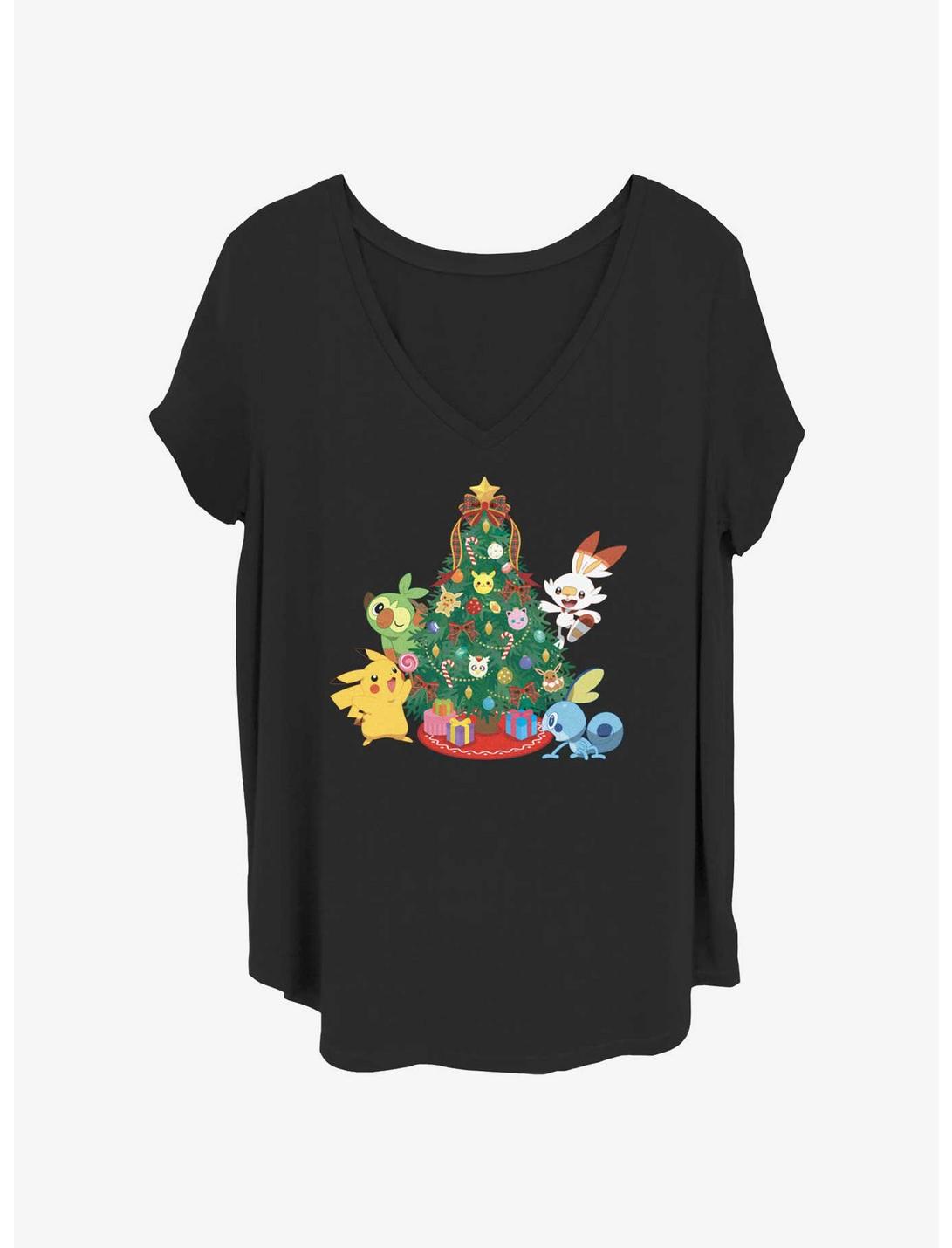 Pokemon Pikachu, Grookey, Scorbunny, & Sobble Christmas Tree Girls T-Shirt Plus Size, BLACK, hi-res