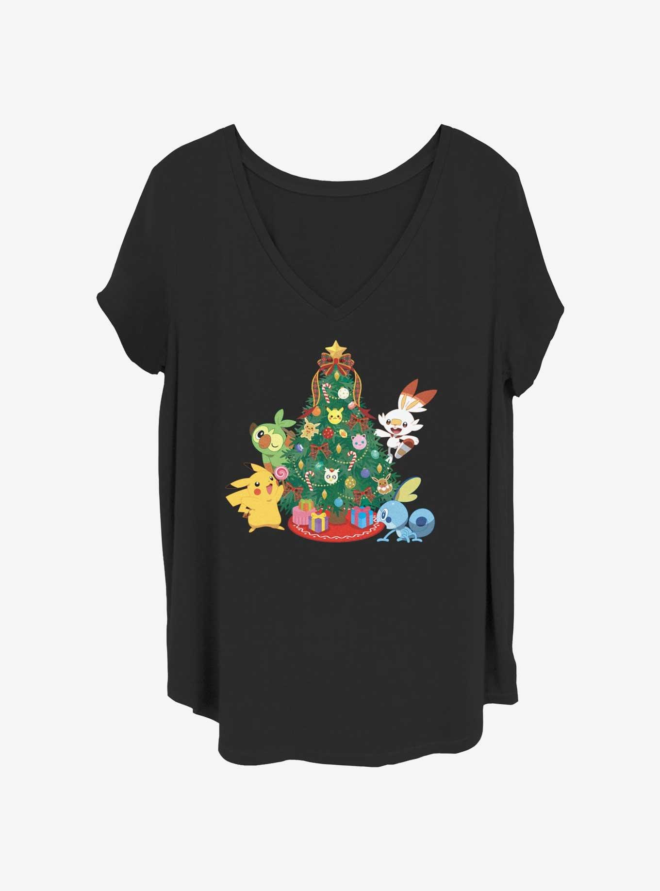 Pokemon Pikachu, Grookey, Scorbunny, & Sobble Christmas Tree Girls T-Shirt Plus Size, BLACK, hi-res