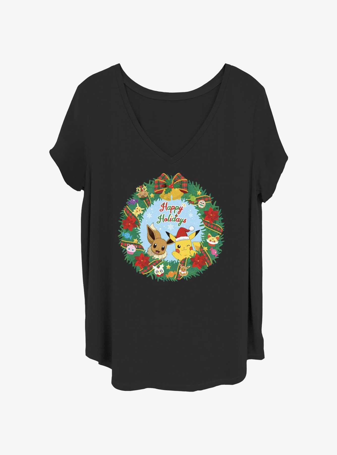 Pokemon Holiday Wreath Eevee & Pikachu Girls T-Shirt Plus Size, BLACK, hi-res