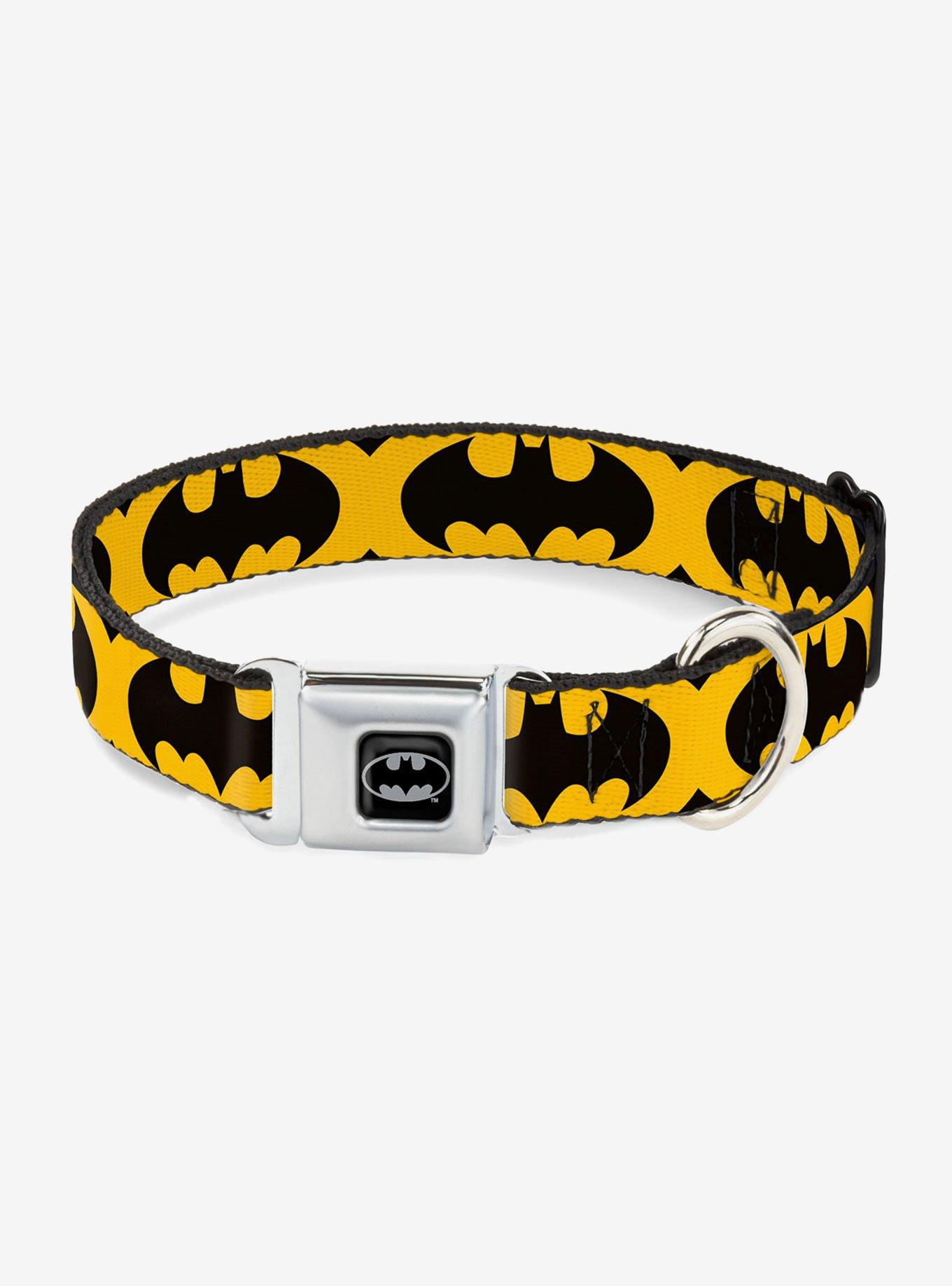 DC Comics Justice League Bat Signal 5 Black Yellow Black Seatbelt Buckle Pet Collar, BLACK, hi-res