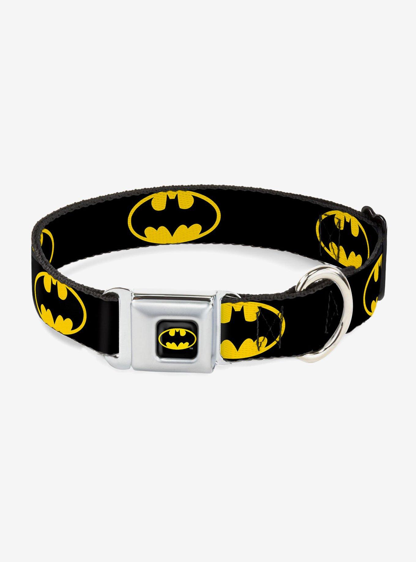 DC Comics Justice League Batman Shield Black Yellow Seatbelt Buckle Pet Collar, BLACK, hi-res