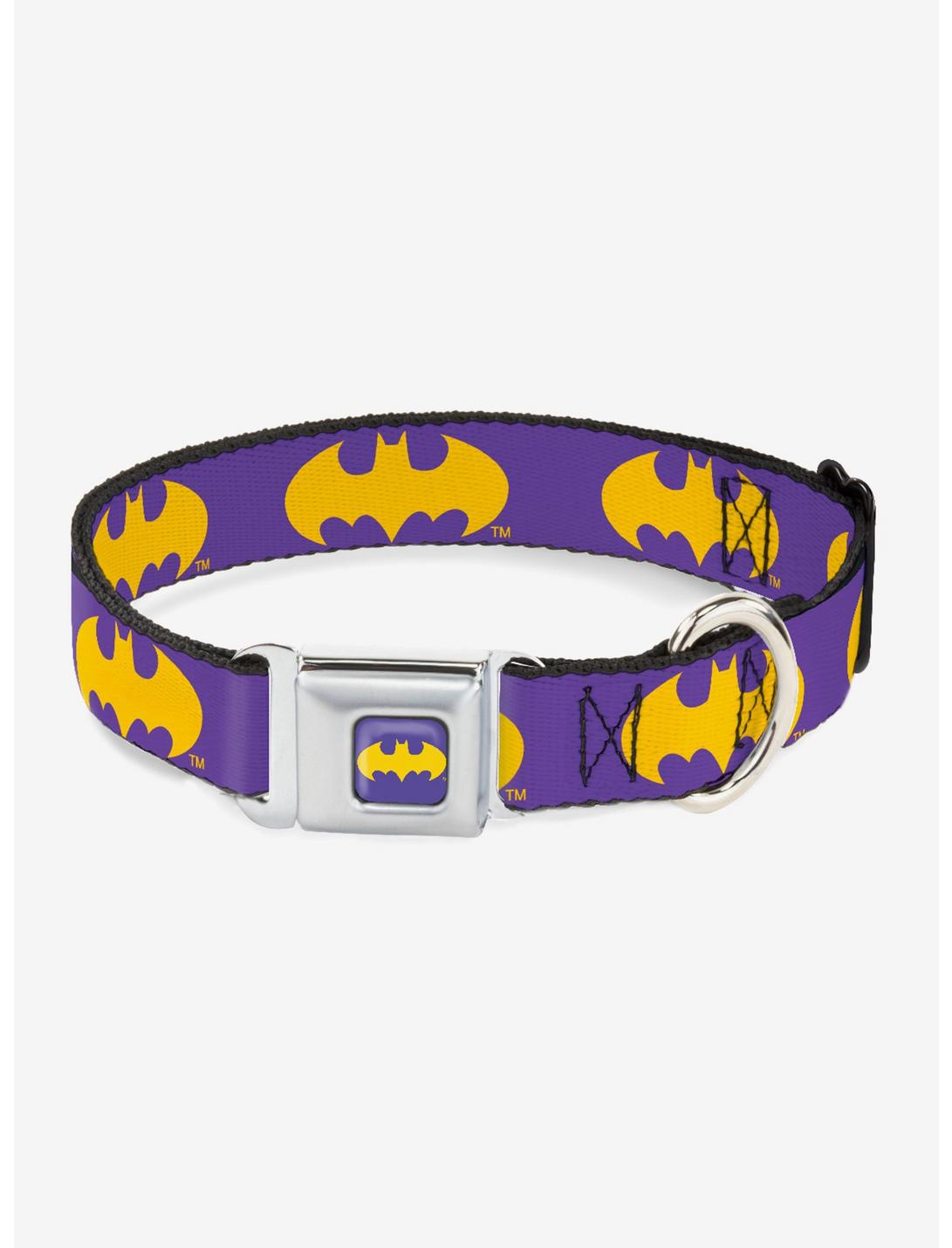 DC Comics Justice League Batman Signal Purple Yellow Seatbelt Buckle Pet Collar, PURPLE, hi-res