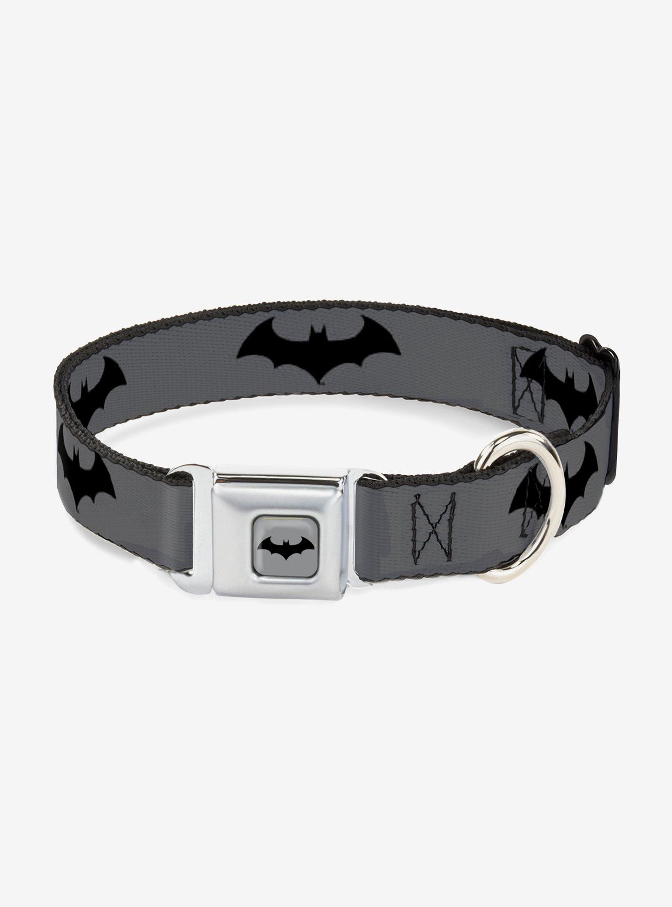 DC Comics Justice League Retro Bat Logo Gray Black Seatbelt Buckle Pet Collar, GREY, hi-res