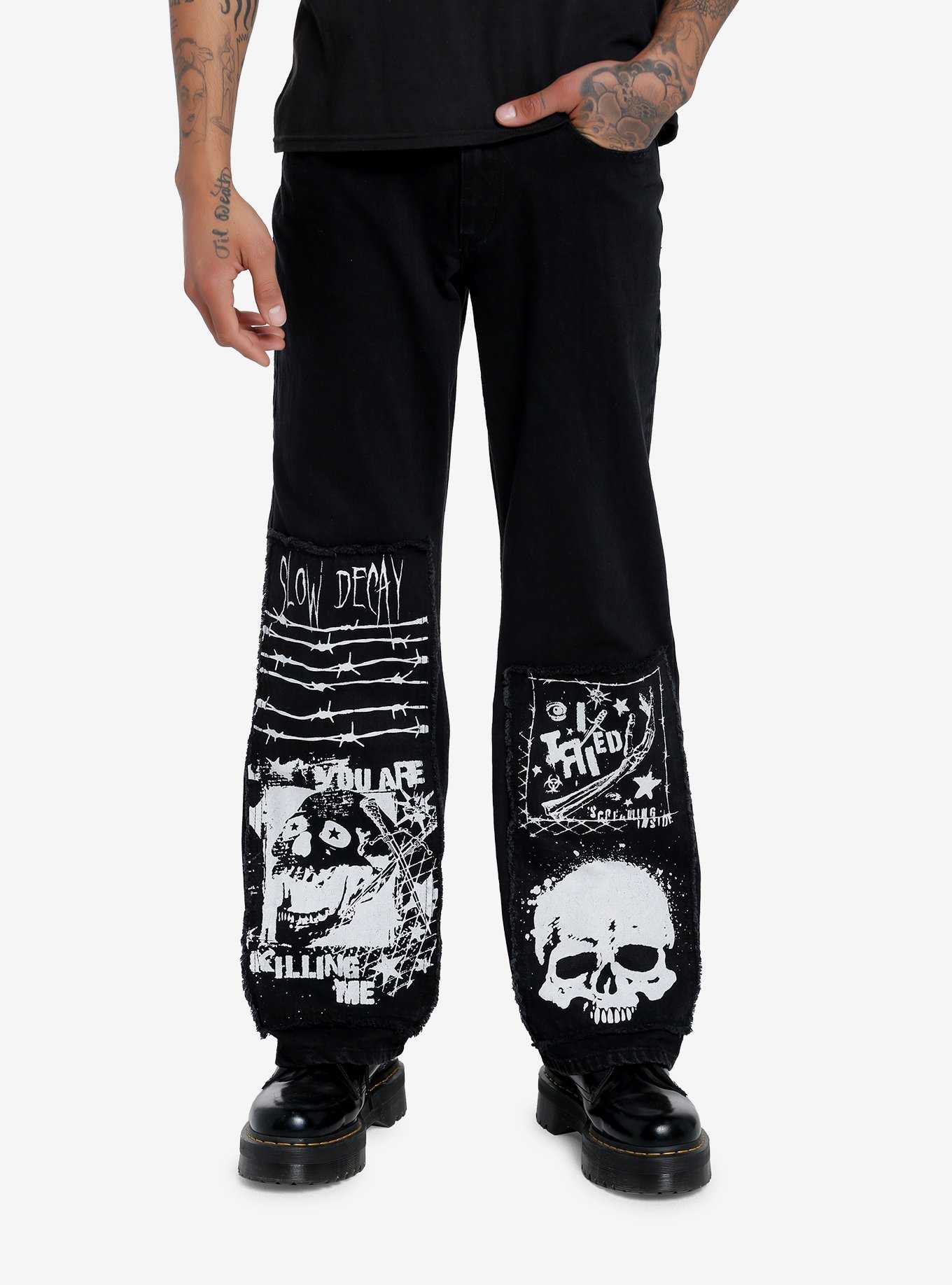 Black Punk Patch Wide Leg Denim Pants