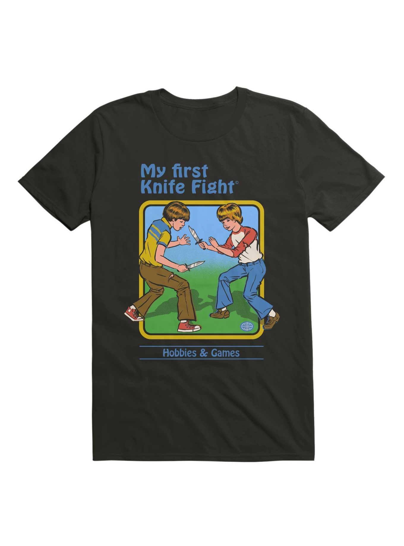 My First Knife Fight T-Shirt By Steven Rhodes, BLACK, hi-res