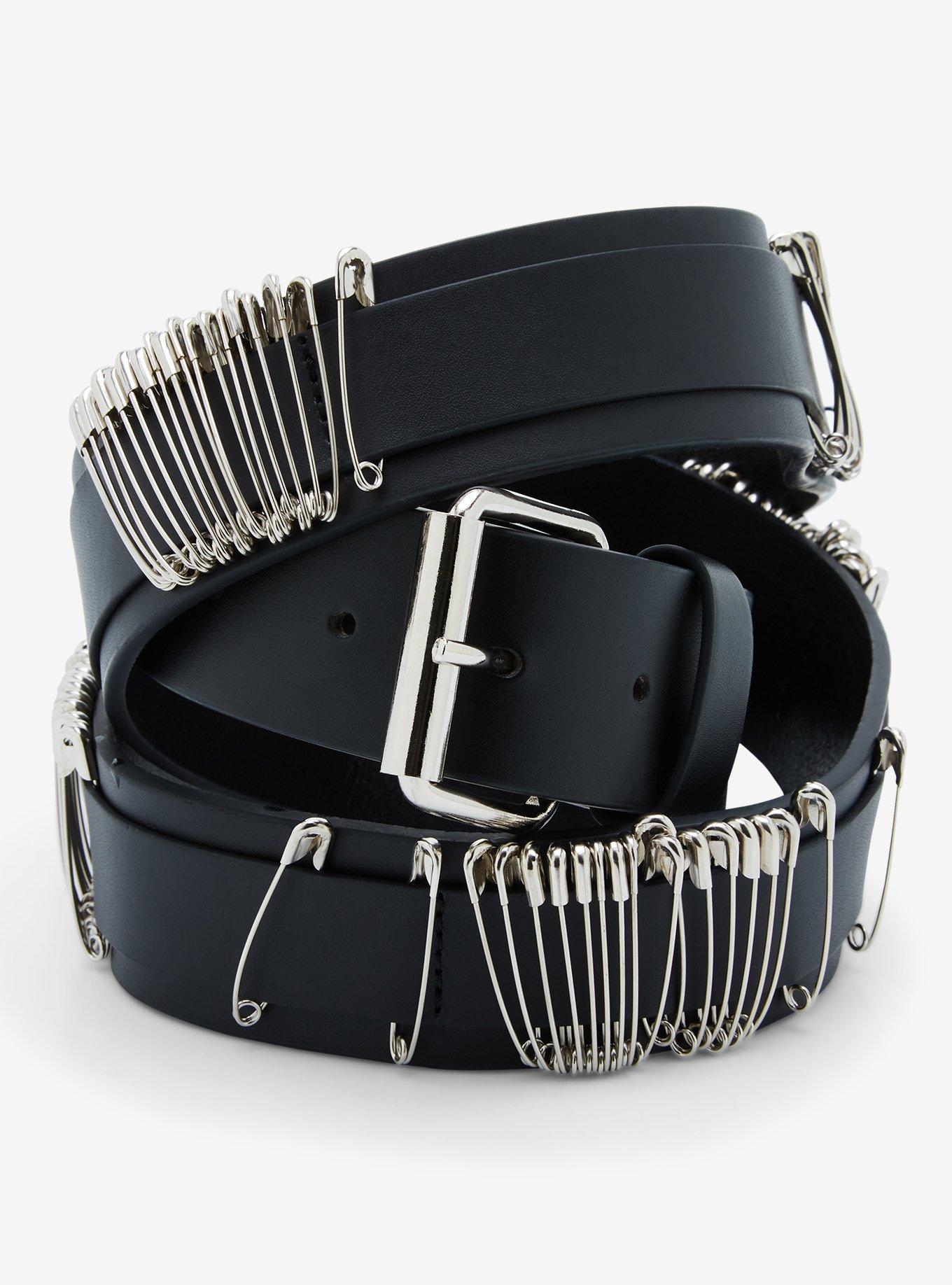 Black Safety Pin Belt, SILVER, hi-res