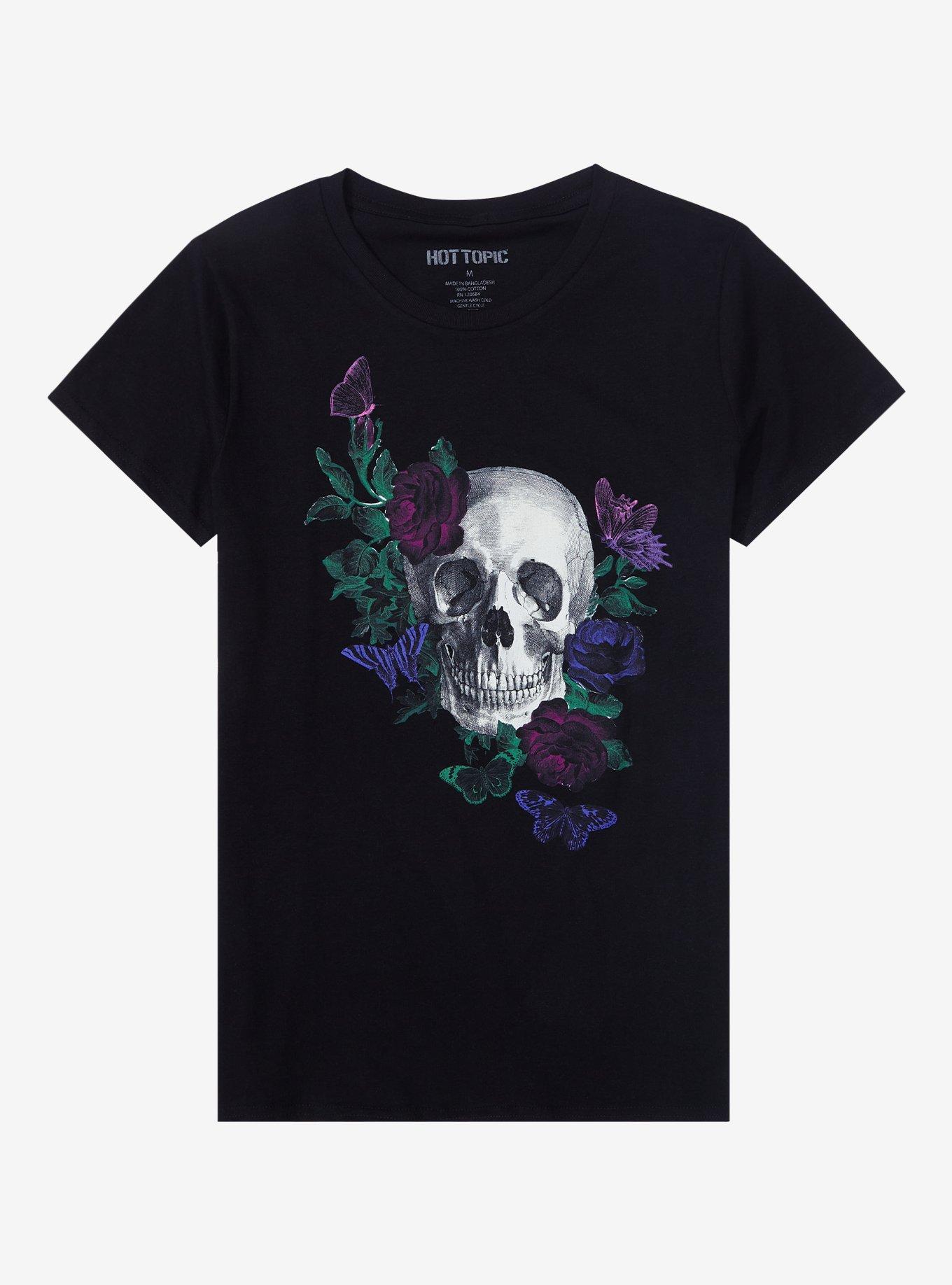Gothic Flower Skull Boyfriend Fit Girls T-Shirt, MULTI, hi-res