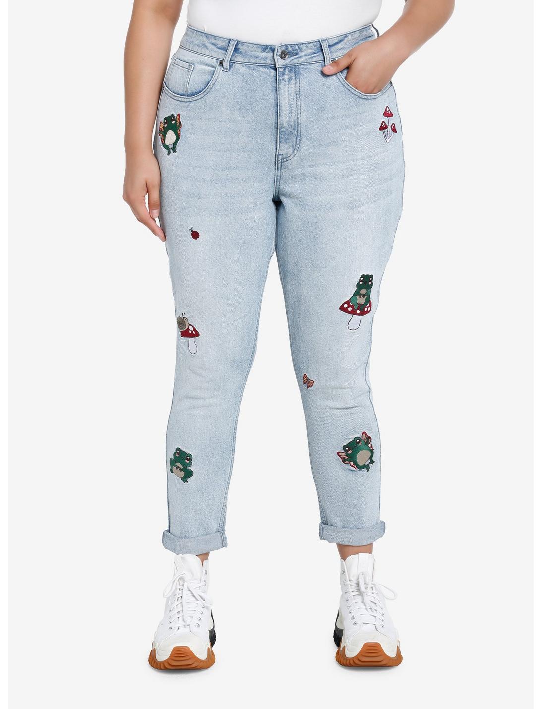 HT Denim Frogs & Mushrooms Embroidered Mom Jeans Plus Size