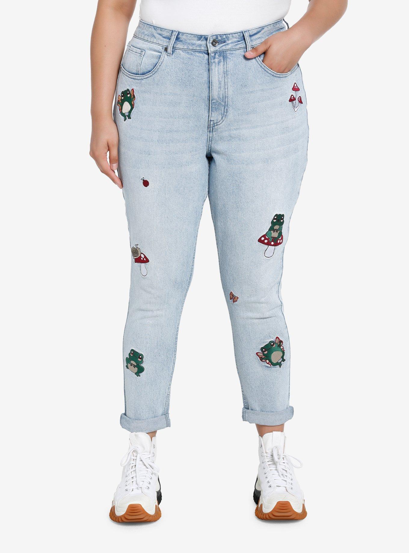 HT Denim Frogs & Mushrooms Embroidered Mom Jeans Plus Size