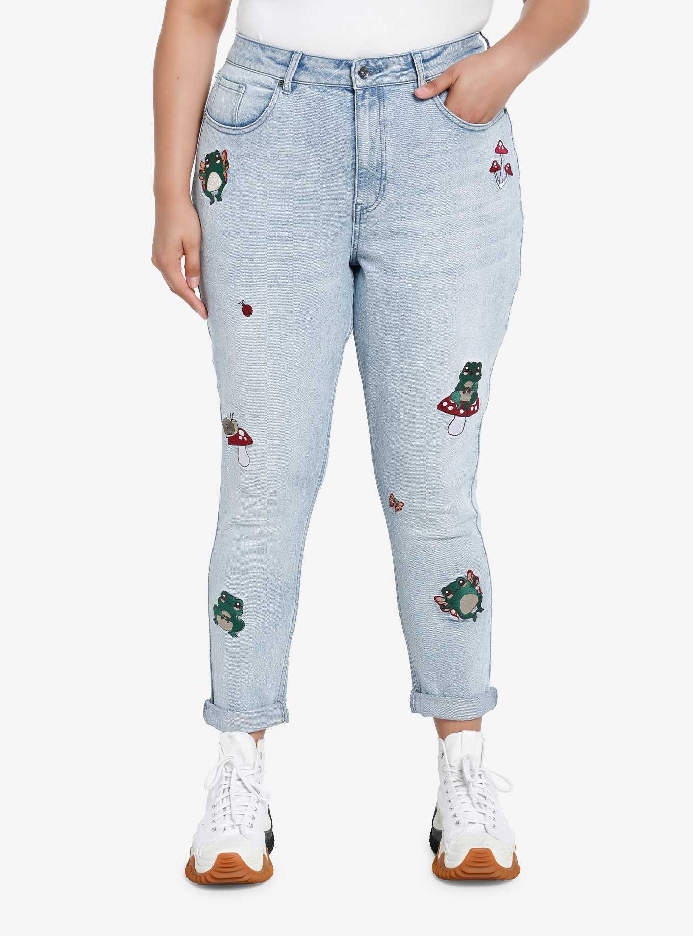 HT Denim Frogs & Mushrooms Embroidered Mom Jeans Plus Size, , hi-res