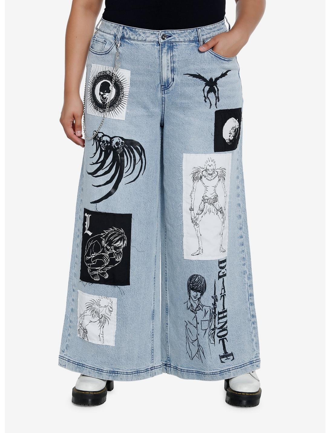 Death Note Patch Chain Wide Leg Jeans Plus Size, BLACK  WHITE, hi-res