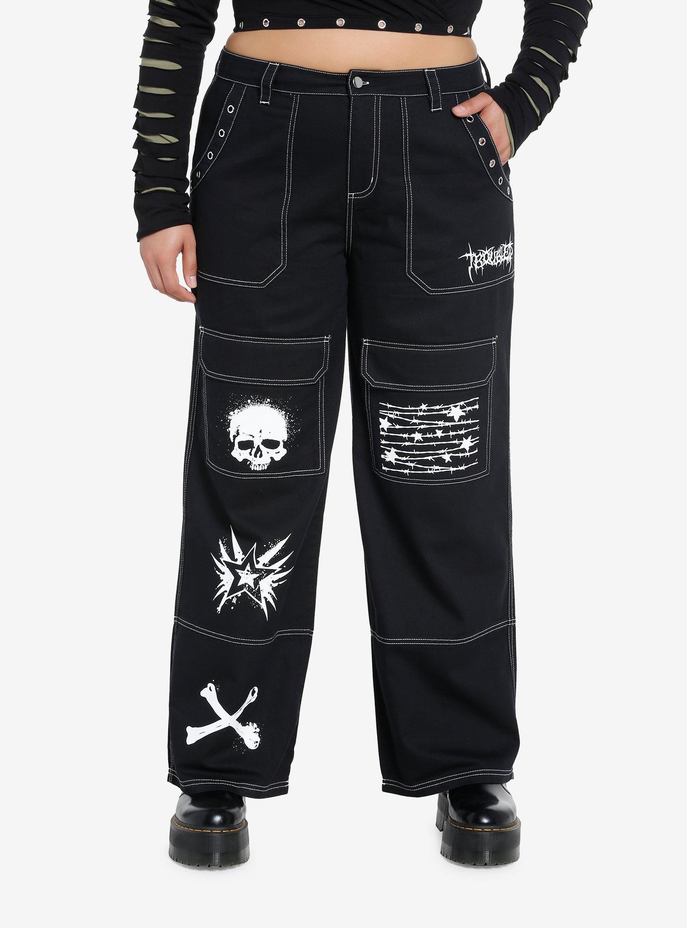 Black Punk Icons Wide Leg Pants Plus Size, BLACK  WHITE, hi-res