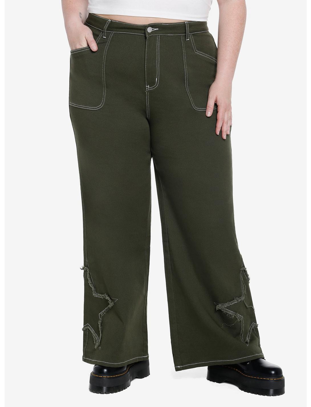 Green Star Patch Straight Leg Pants Plus Size, GREEN, hi-res