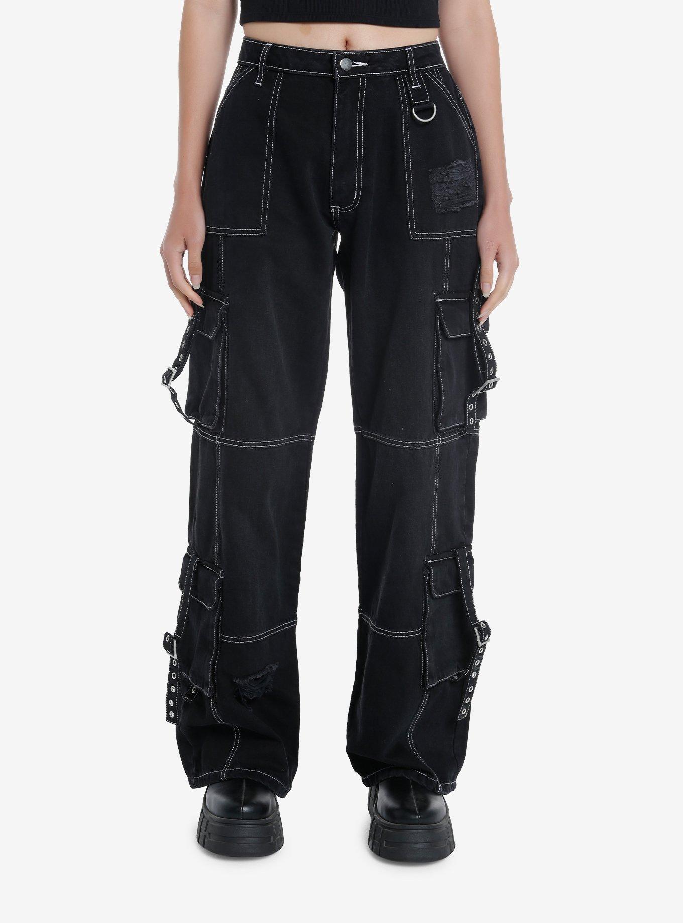 Black & White Contrast Stitch Destructed Carpenter Pants, BLACK, hi-res