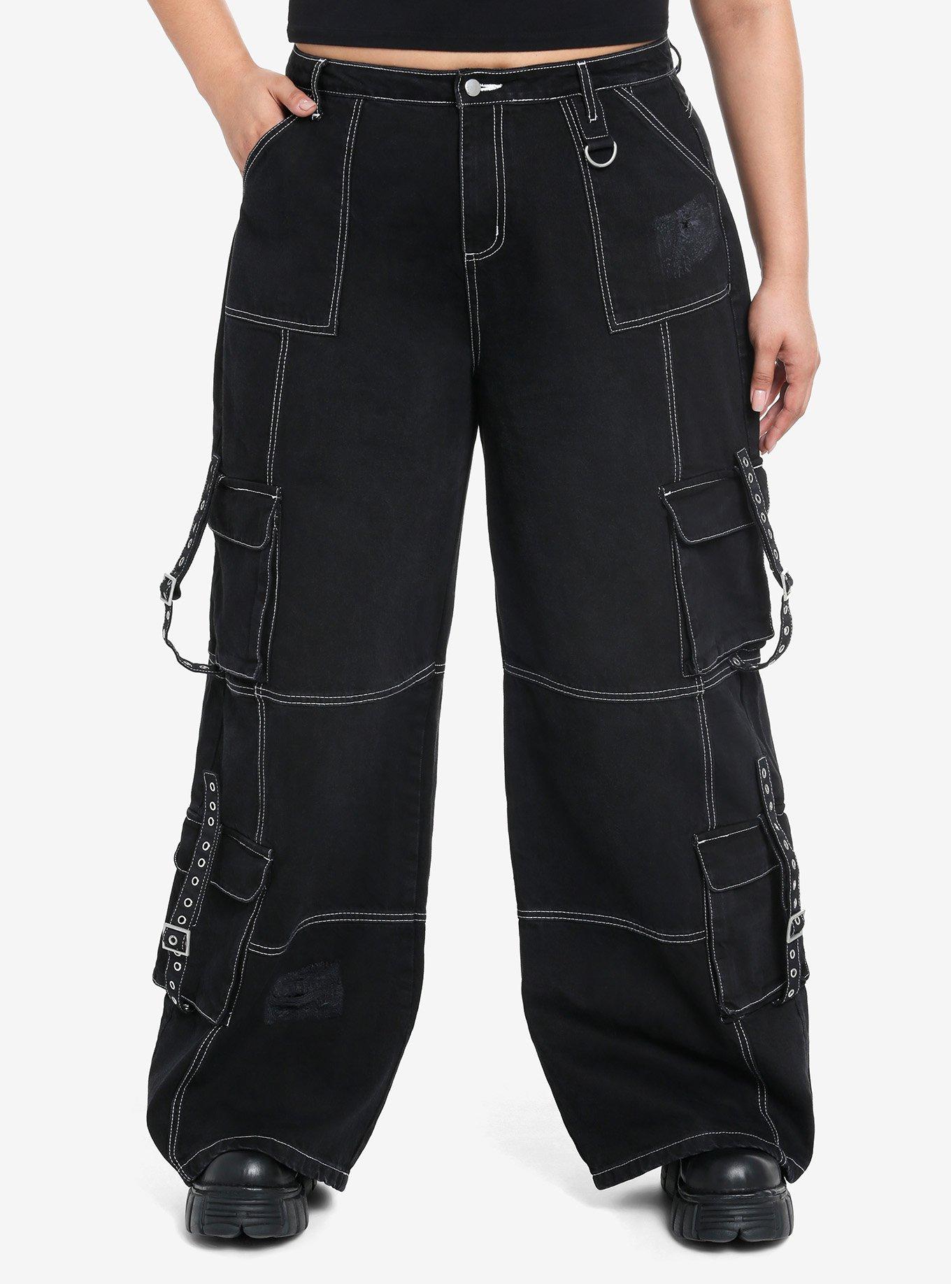 【DISCERNMENT】Plus Double Cargo Stitch Denim Pants Black & White Contrast Stitch Destructed Carpenter Pants