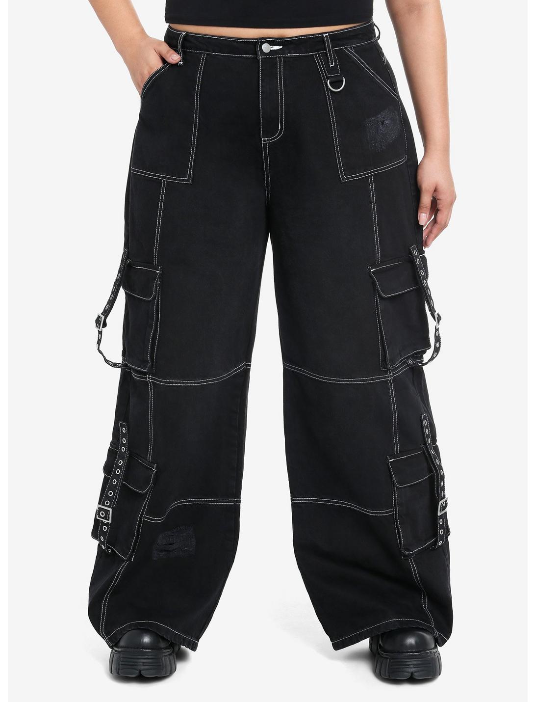 Black & White Contrast Stitch Destructed Carpenter Pants Plus Size ...