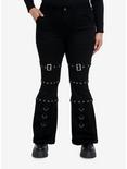 Black Buckle Grommet Low Rise Flare Pants Plus Size, BLACK, hi-res